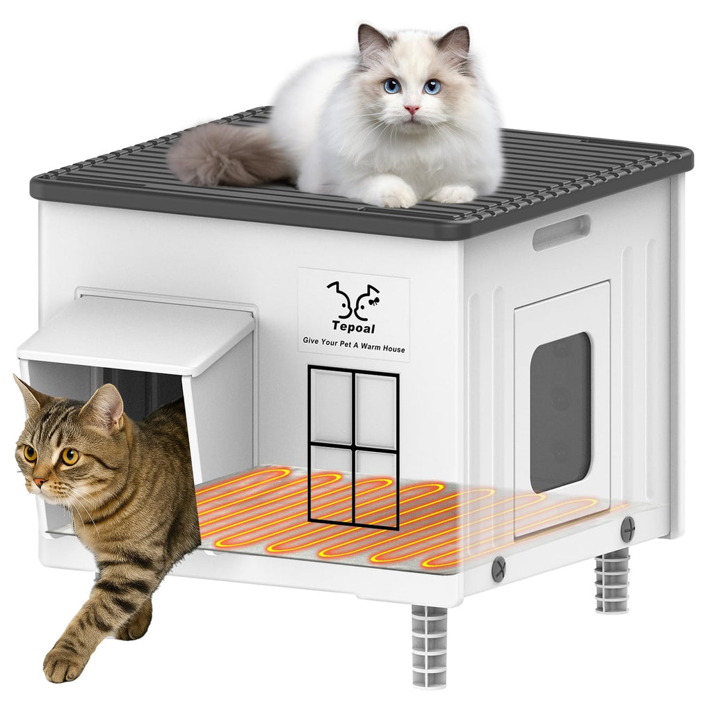 Dahivs Indestructible Heated Cat House for Outside Winter, Heated Outdoor Cat House Weatherproof with Escape Door, Waterproof & Insulated Outdoor Cat Shelter for Feral Stray Cat Kitty. 17.7"x15"x17.5"