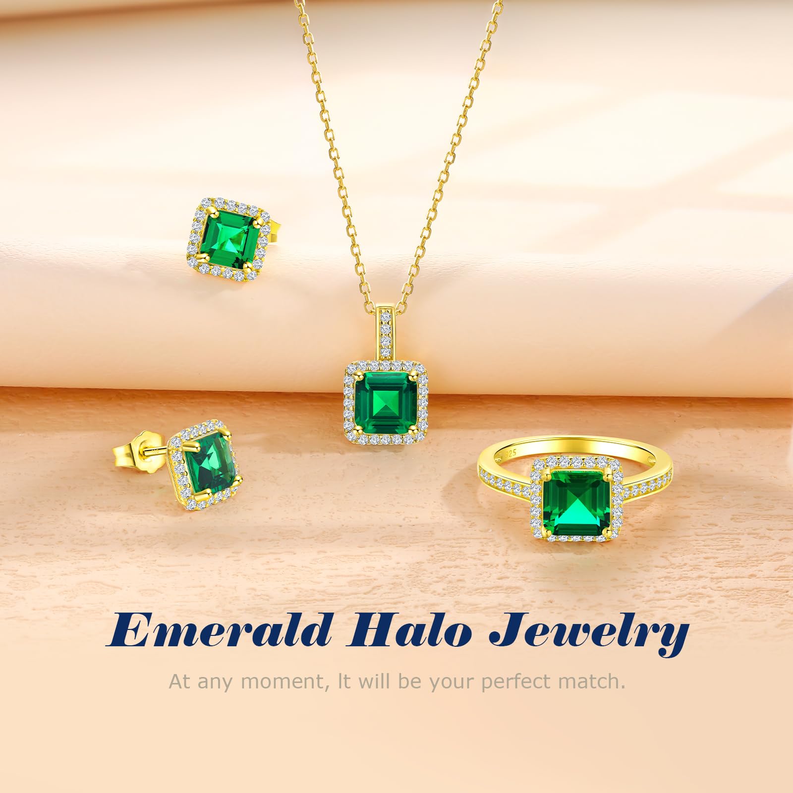 AGRULE Simple Emerald Necklace for Women Wedding Anniversary 14K Gold Plated Sterling Silver Rolo Chain Diamond Accented Green Solitaire Pendant