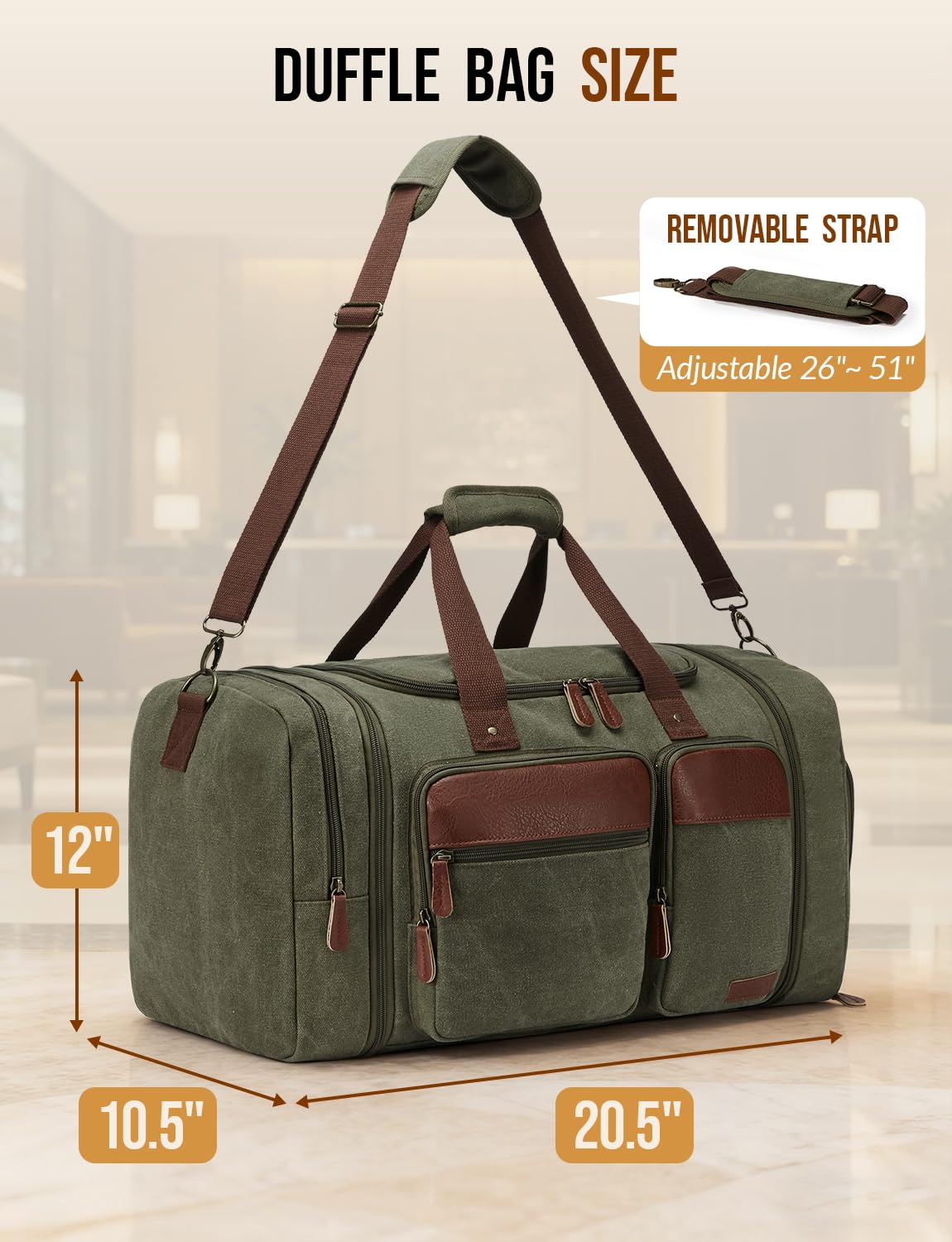 Celvetch Canvas Duffle Bag for Travel 50L Expandable Travel Duffel Bags for Men Women Overnight Weekend Gym Bag with Shoes Compartment - Army Green