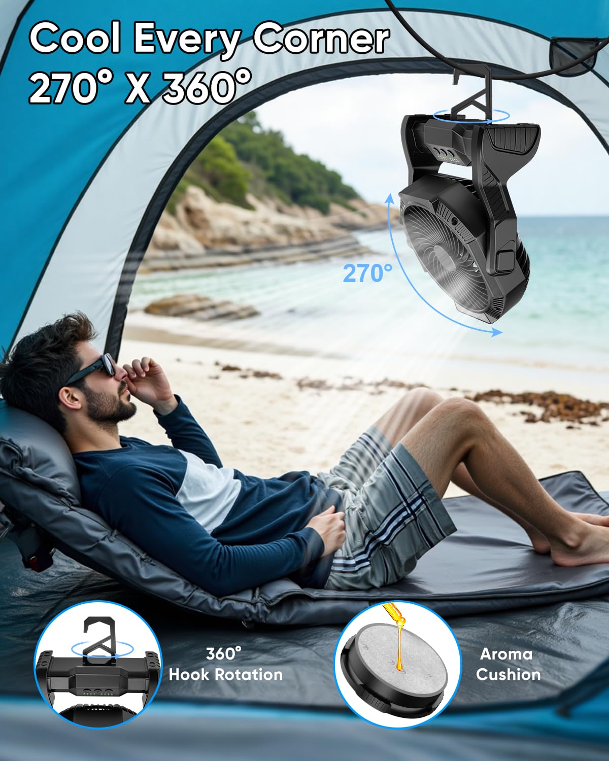 Aynvixt Portable Rechargeable Fan, 20000mAh Battery Powered Camping Fan with LED Light & Hook, 270° Adjustable, 4-Speed, 4H Timer Camping Essentials for Outdoor Tent Travel BBQ Car, Gifts for Men Dad