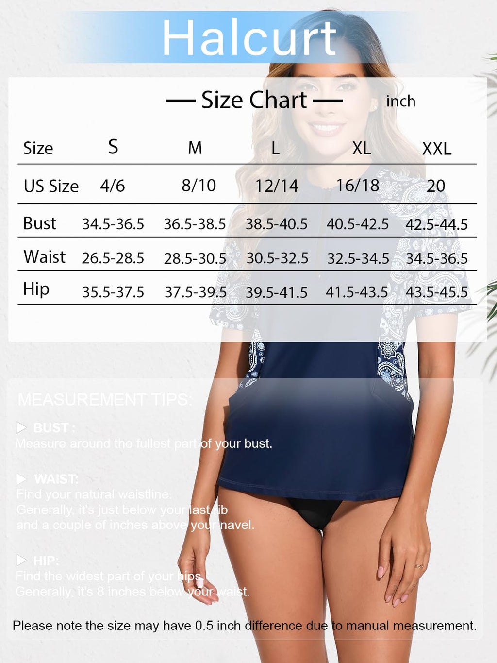 Halcurt Women's Half Zip Short Sleeve Rash Guard Top with Bra Side Pockets Swim Shirts UPF50+ Swimsuit Navy Paisley M