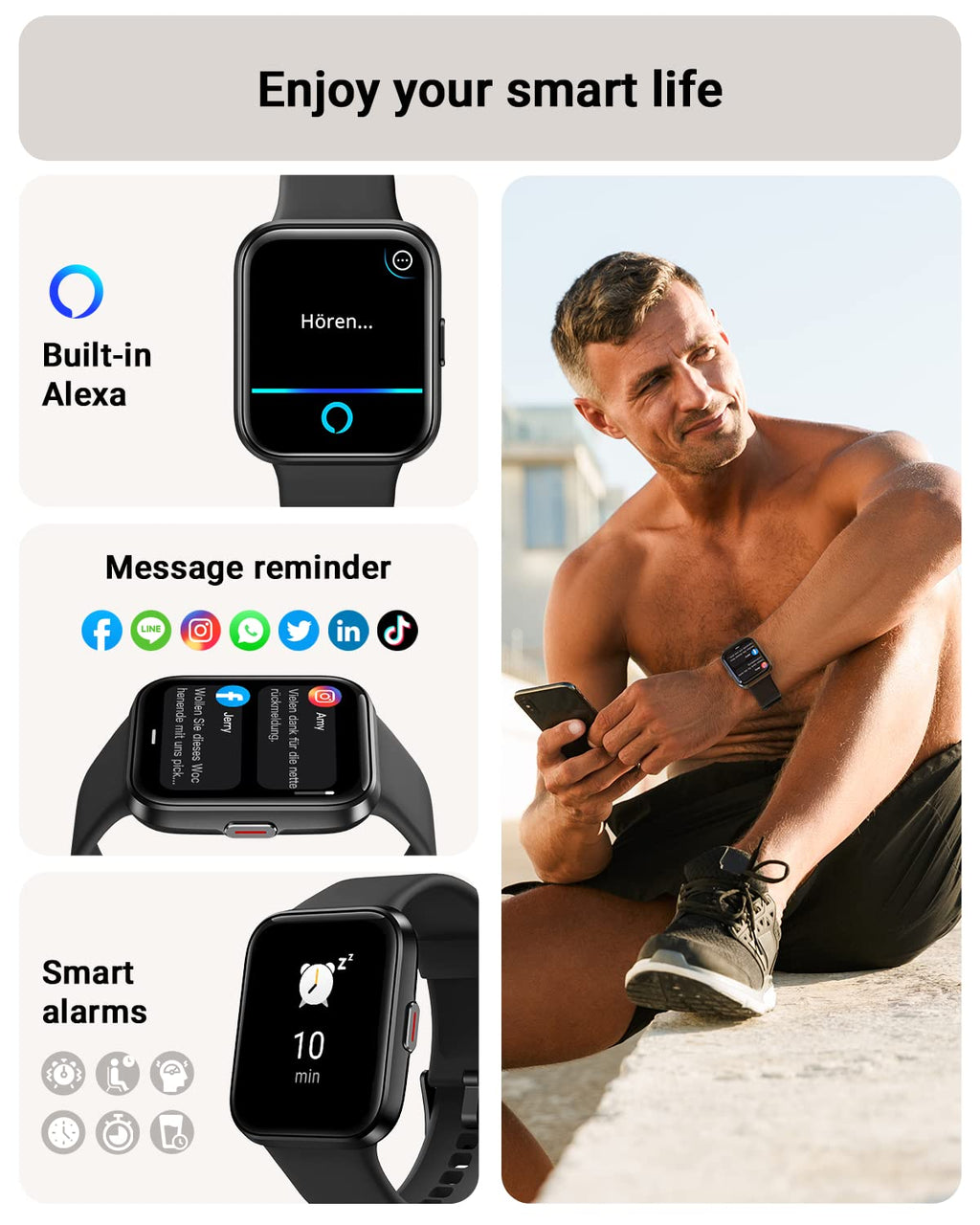 Tensky Smart Watch for Men/Women Android & iPhone, Alexa Built-in, 1.8" Touch Screen Fitness Tracker with Answer/Make Calls, 3ATM Waterproof Heart Rate/Sleep/SpO2 Monitor, Pedometer, 100+ Sport Modes