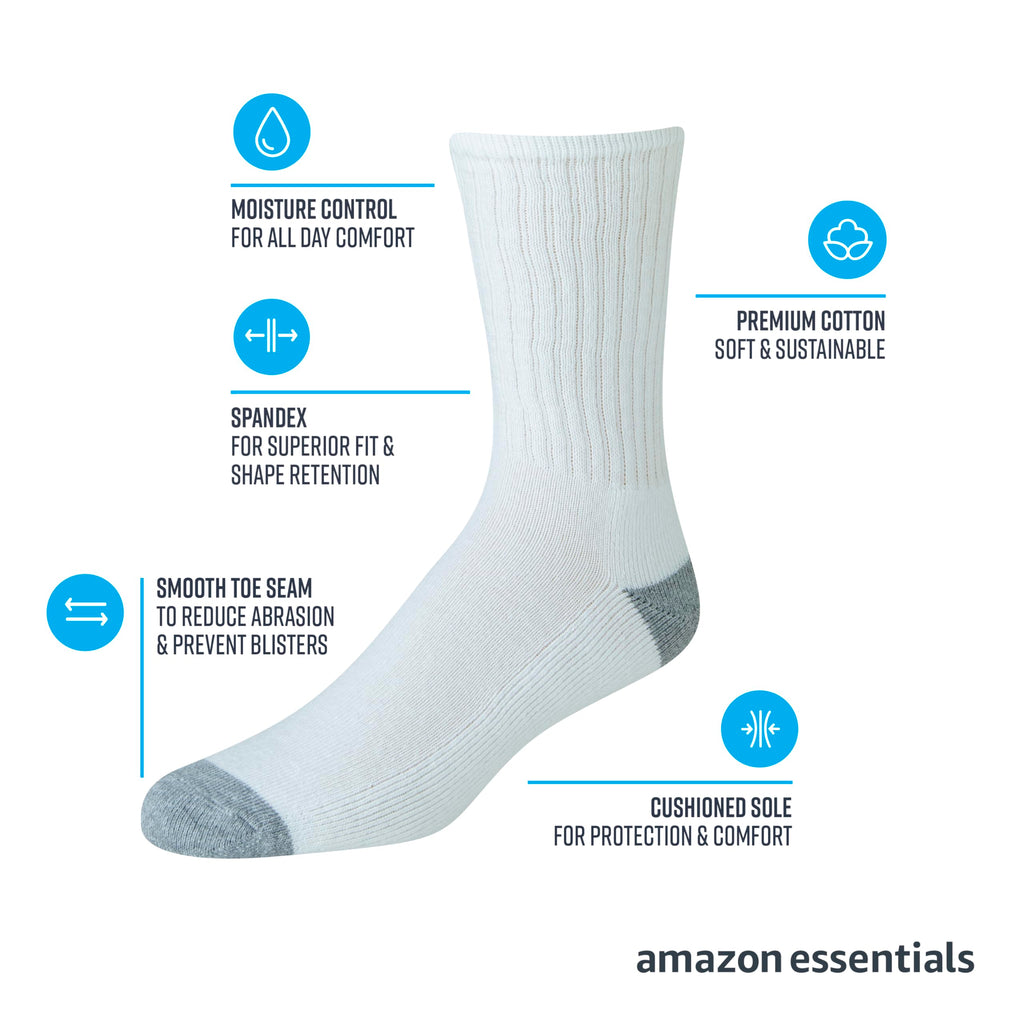 Amazon Essentials Men's Standard 10-Pack Cotton Half Cushioned Crew Socks, Black, Shoe Size: 6-12