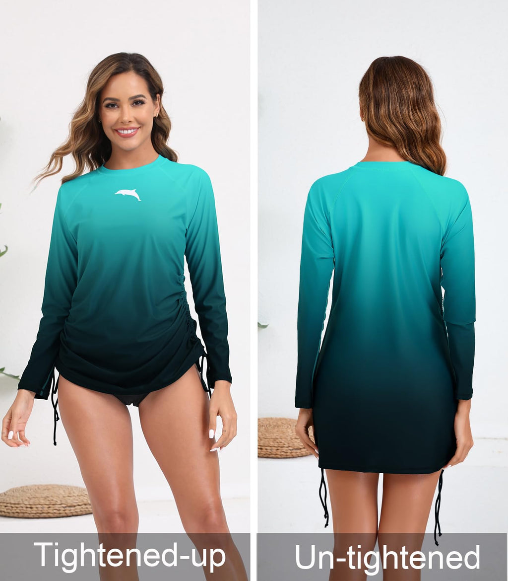 Halcurt Women's Long Sleeve Rash Guard Swim Shirt with Tie Drawstring UPF 50+ Sun Protection Swimsuit Top Ombre Green M