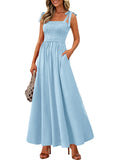 PRETTYGARDEN Womens Summer Dresses 2026 Sleeveless Smocked Maxi Dress Boho Spaghetti Strap A Line Flowy Beach Long Sundresses(Light Blue,Small)