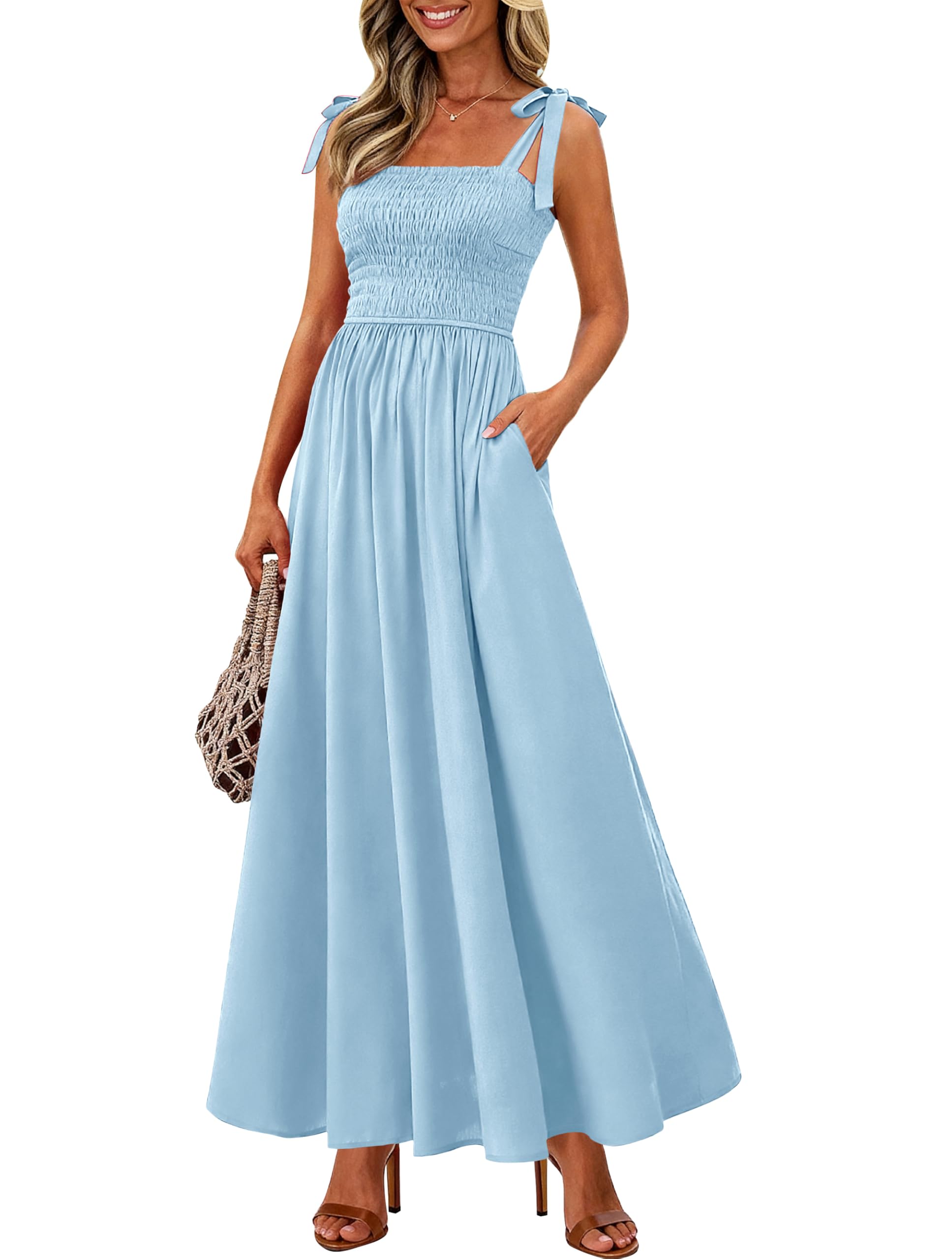 PRETTYGARDEN Womens Summer Dresses 2026 Sleeveless Smocked Maxi Dress Boho Spaghetti Strap A Line Flowy Beach Long Sundresses(Light Blue,Small)