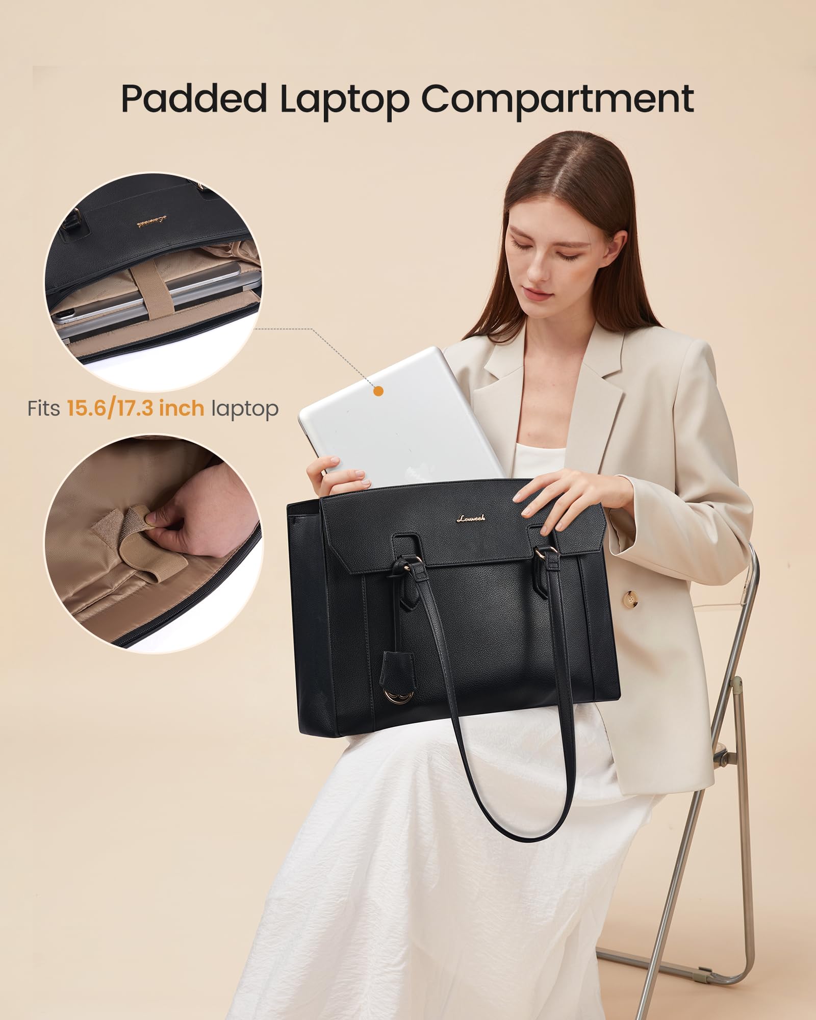 LOVEVOOK Laptop Tote Bag for Women,Computer Work Bag With Large Cup Holder,15.6 Inch Waterproof PU Leather Purse Briefcase for Teacher