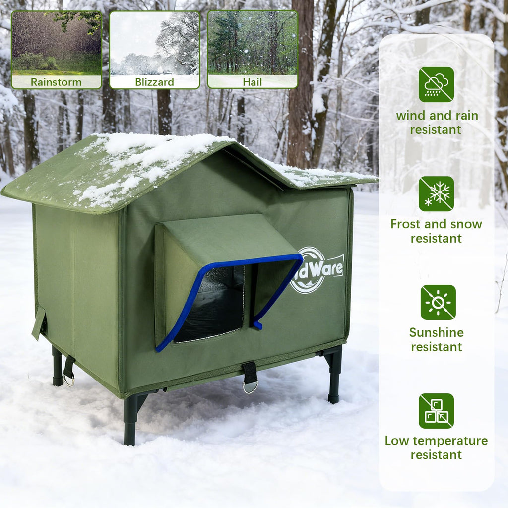 TENDWARE Outdoor Cat House Heated Cat House for Outside with Elevated Base Cat-Attracting Eave Design Feral Stray Shelter Weatherproof in Winter Garage Yard Porch
