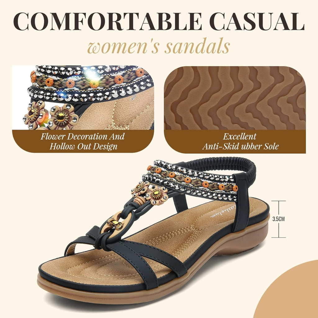 Littleplum Womens Sandals Arch Support Bohemian T-Strap Flower Rhinestone Sandals Women's Non Slip Summer Beach Flat Sandals Black Size 8