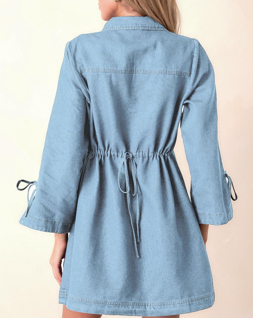 Womens Denim Shirt Dress Collared V Neck Bell Long Sleeve Mini Casual A-line Jean Dresses with Bow Light Blue