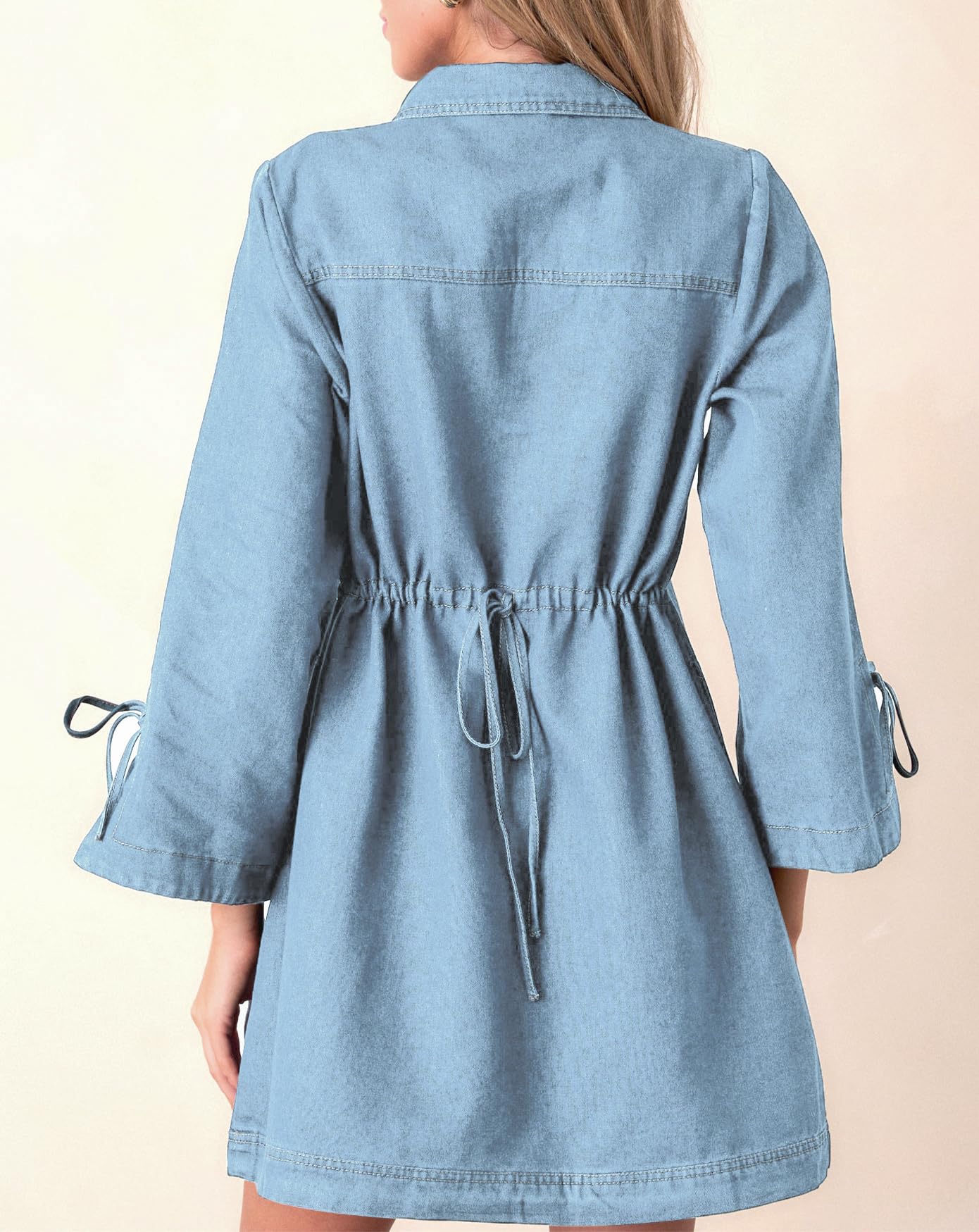 Womens Denim Shirt Dress Collared V Neck Bell Long Sleeve Mini Casual A-line Jean Dresses with Bow Light Blue
