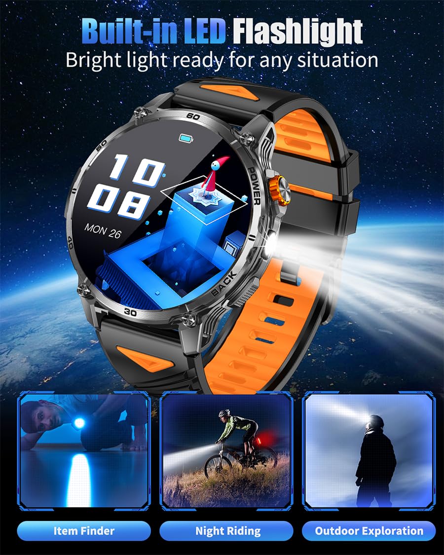 PODOEIL Military Smart Watches for Men,1000mAh/1.7" HD Large Screen Smartwatch, Led Flashlight, Answer/Make Calls,Waterproof,Heart Rate/Sleep Monitor/110+ Sport Modes Fitness Watch for Android/iPhone