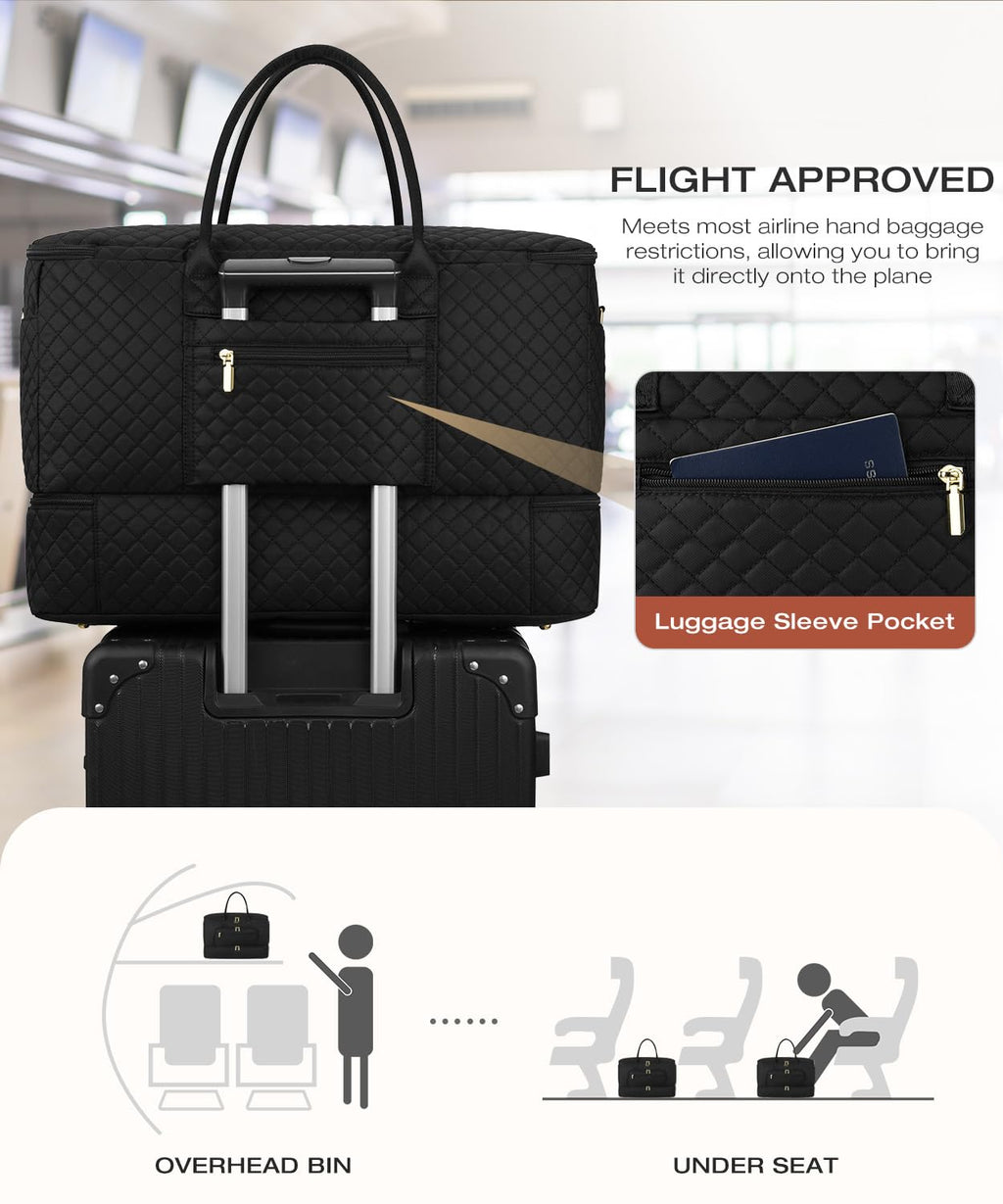 CLOKARS Travel Duffle Bag, Wide Open Large Weekender Bag for Women with Shoe Compartment, Carry on Overnight Bags with Toiletry Bag, Hospital Bag for Women Labor Delivery with Wet Pocket (Black)