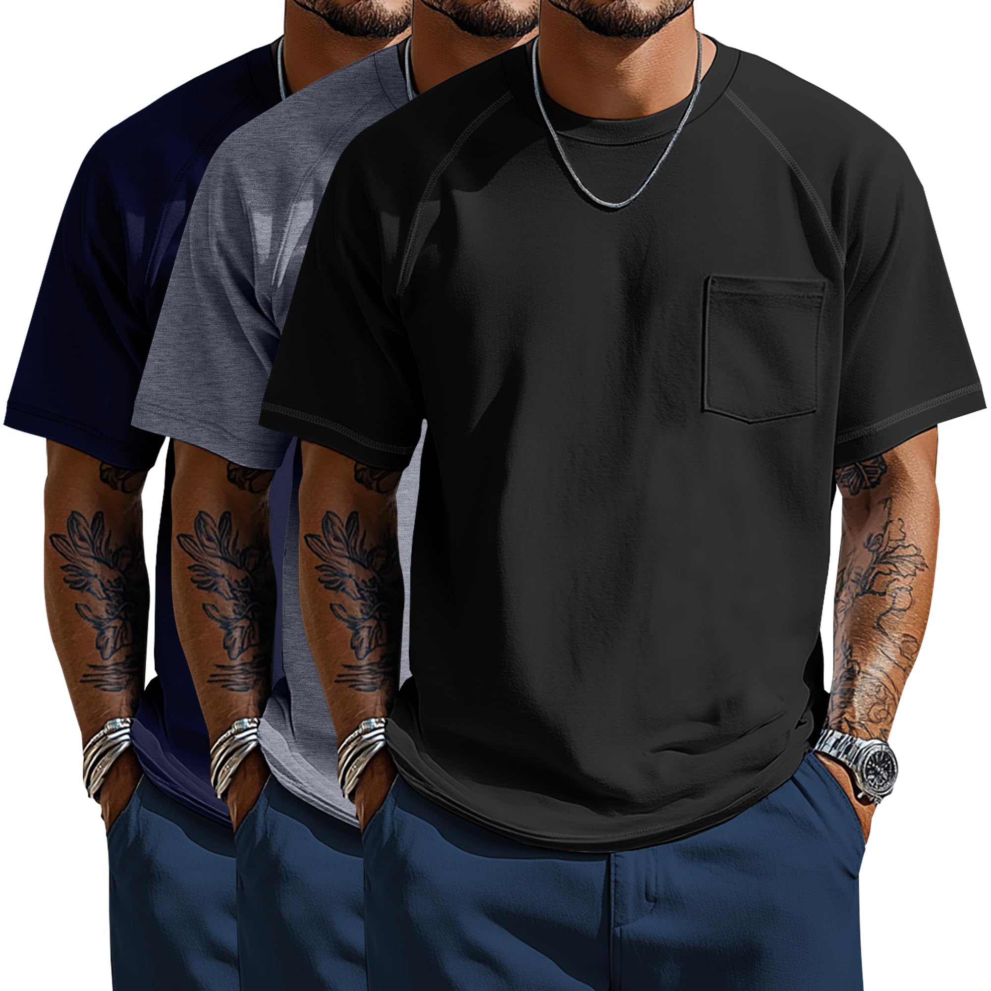 Neer 3 Pack Big and Tall Shirts for Men with Pocket XL-5XL Plus Size Crew Neck Raglan Short Sleeve Summer Casual T Shirts Tee(Black, Light Gray, Navy Blue,4X-Large)