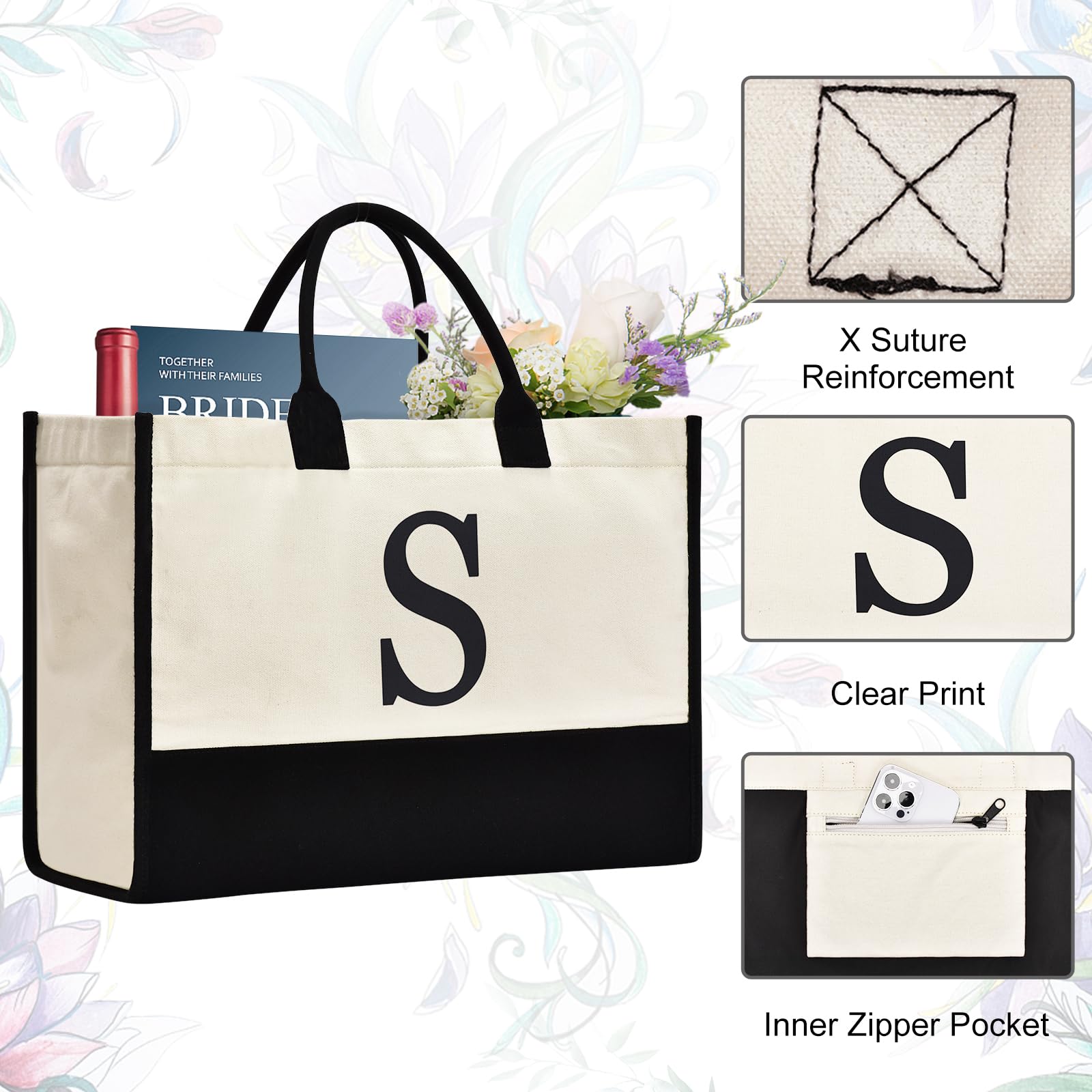 GASSDA Initial Canvas Tote Bag Birthdays Gift for Women Mom Teacher Friend Bridesmaid,Custom for Wedding Beach Holidays
