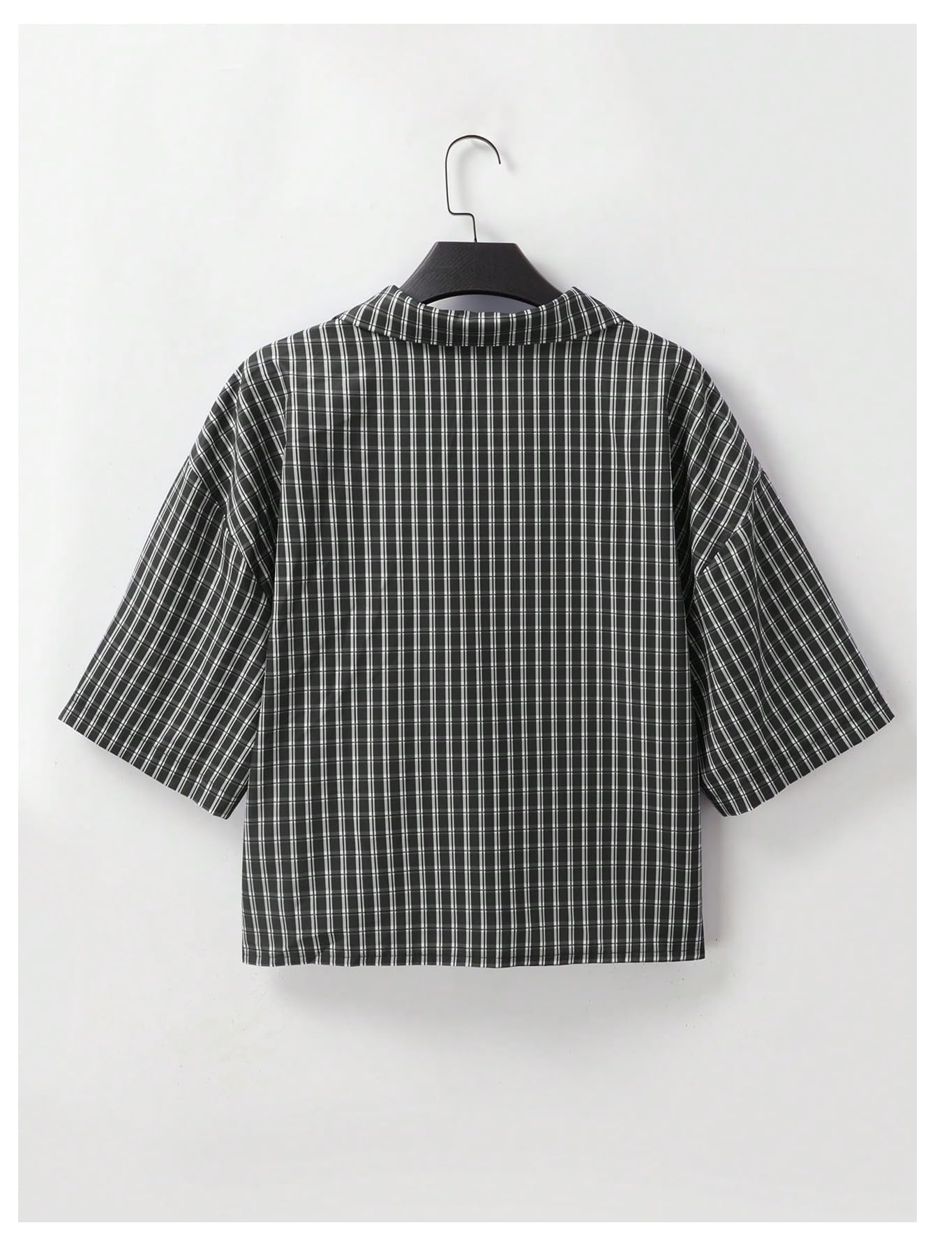 GORGLITTER Men's Gingham Cropped Shirt Short Sleeve Button Down Shirts Black Medium