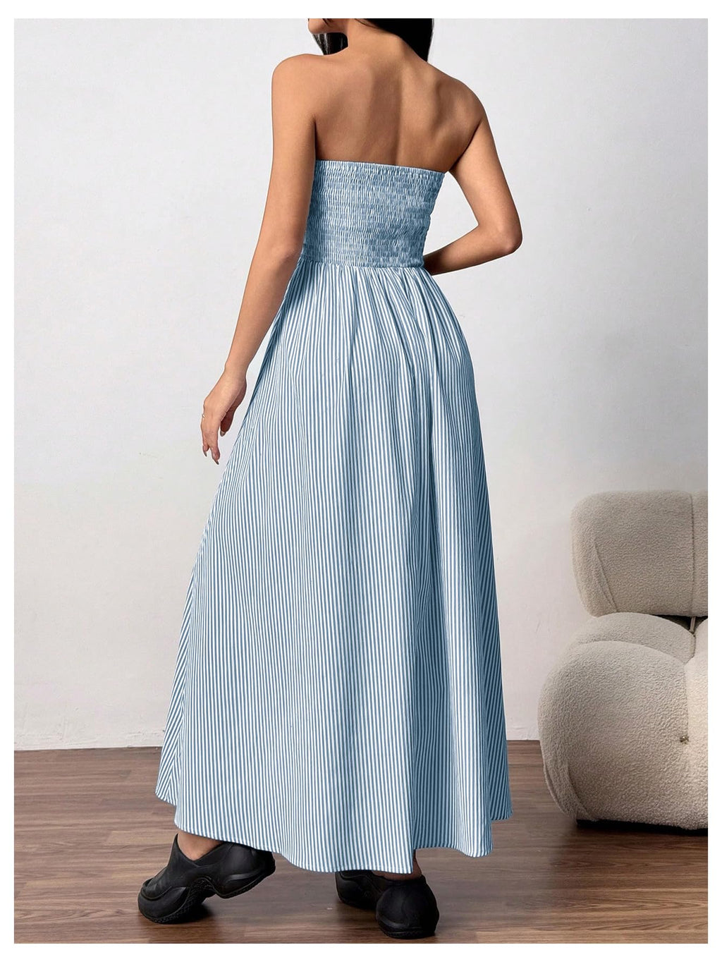 Milumia Women's Striped Strapless Maxi Dress Summer Casual Tube Top Long Dresses with Pocket Blue and White X-Small