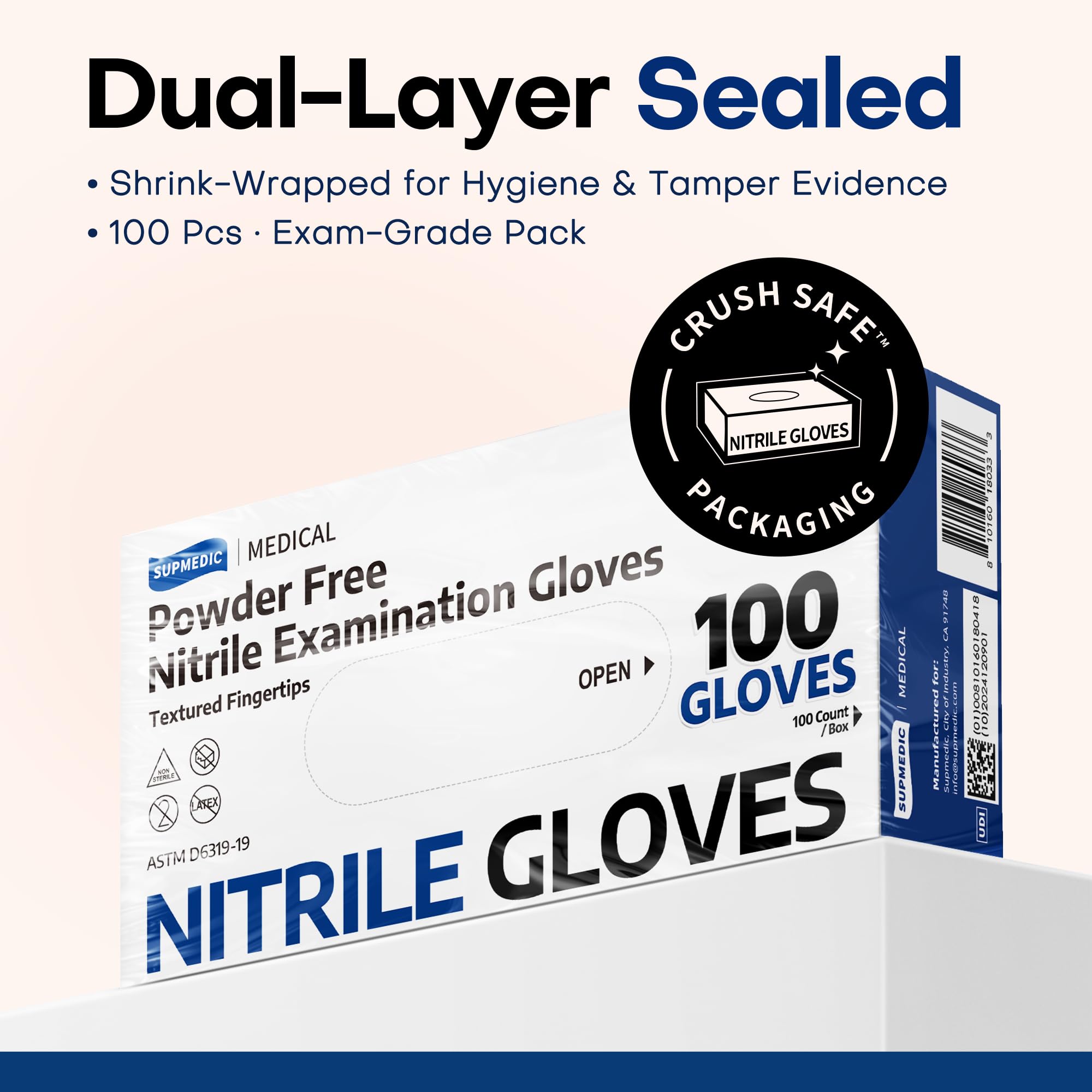 Supmedic Disposable Nitrile Gloves, Chemical Resistant, Powder-Free, Latex-Free, Food Safe, Medical Exam Gloves, Black, Large, 100 Pcs