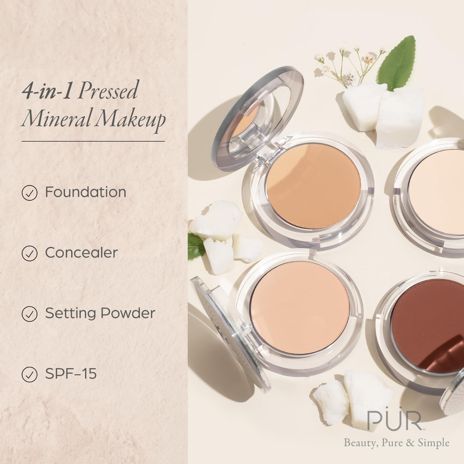 PUR Beauty 4-in-1 Pressed Mineral Makeup Powder Foundation with SPF 15 - Concealer & Finishing Compact Pressed Powder for Face - Buildable Medium to Full Coverage Foundation Powder (Bisque)