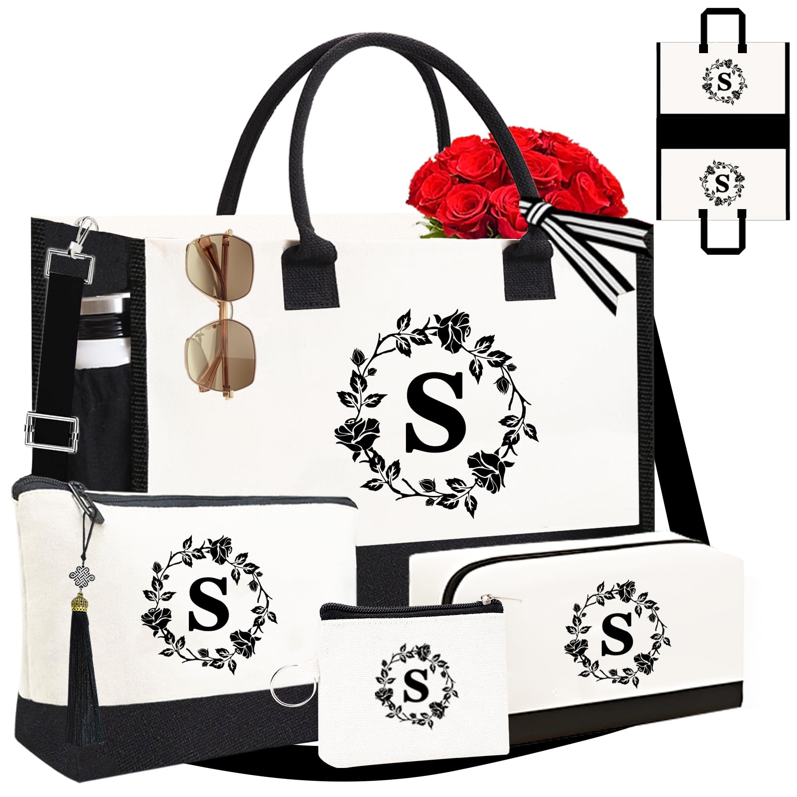 Adoryoung Personalized Tote Bags for Women, 4pcs Monogram Tote Bags, Double-sided Embroidery Initial Tote Bag Birthday Gifts (S)