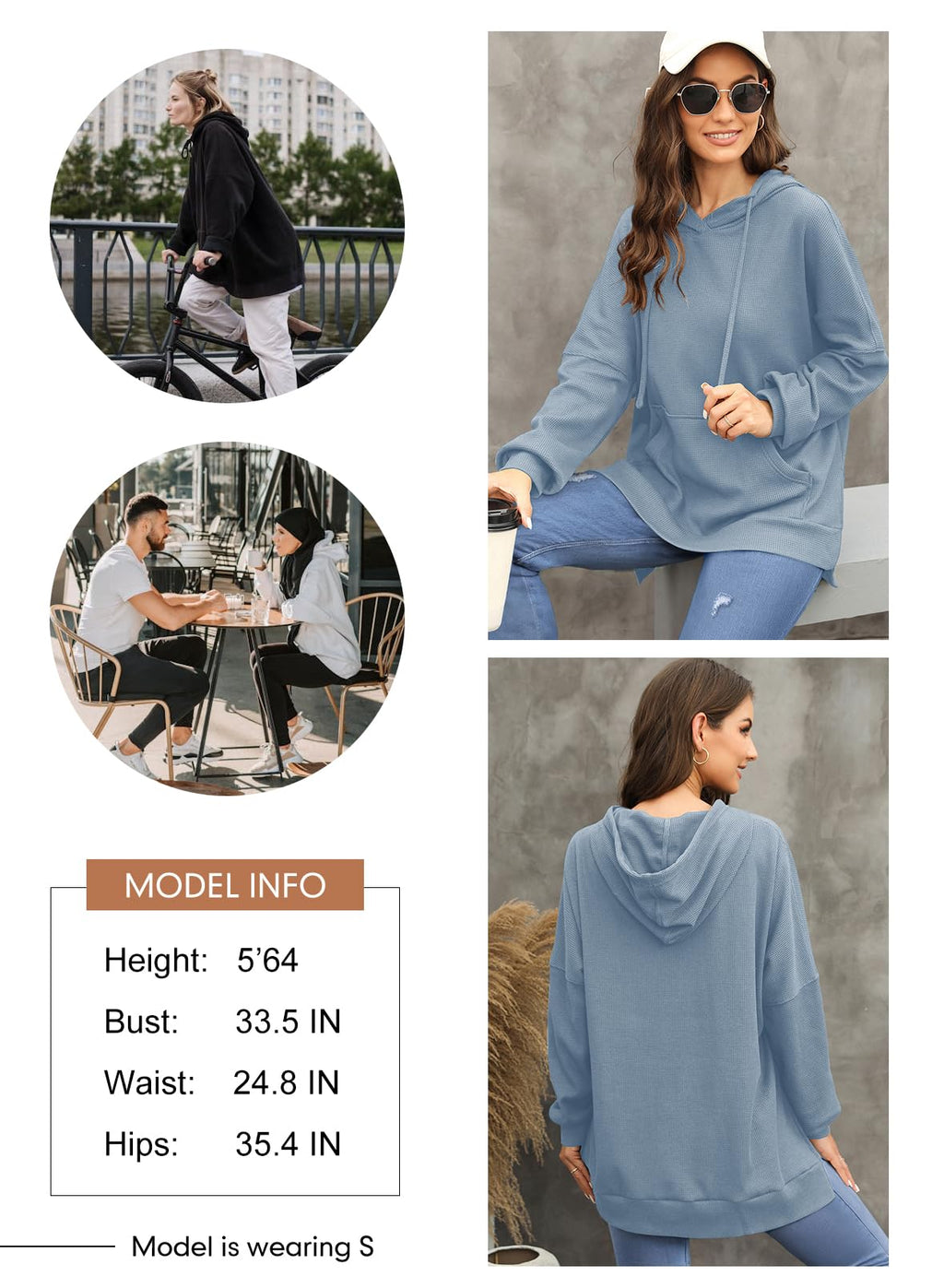 Dokotoo Womens Oversized Hoodie Casual Loose Fall Long Sleeve Sweatshirt Fall Outfits for Women 2025 Trendy Waffle Knit Side Slit Solid Color Hoodies with Pocket Sky Blue Small