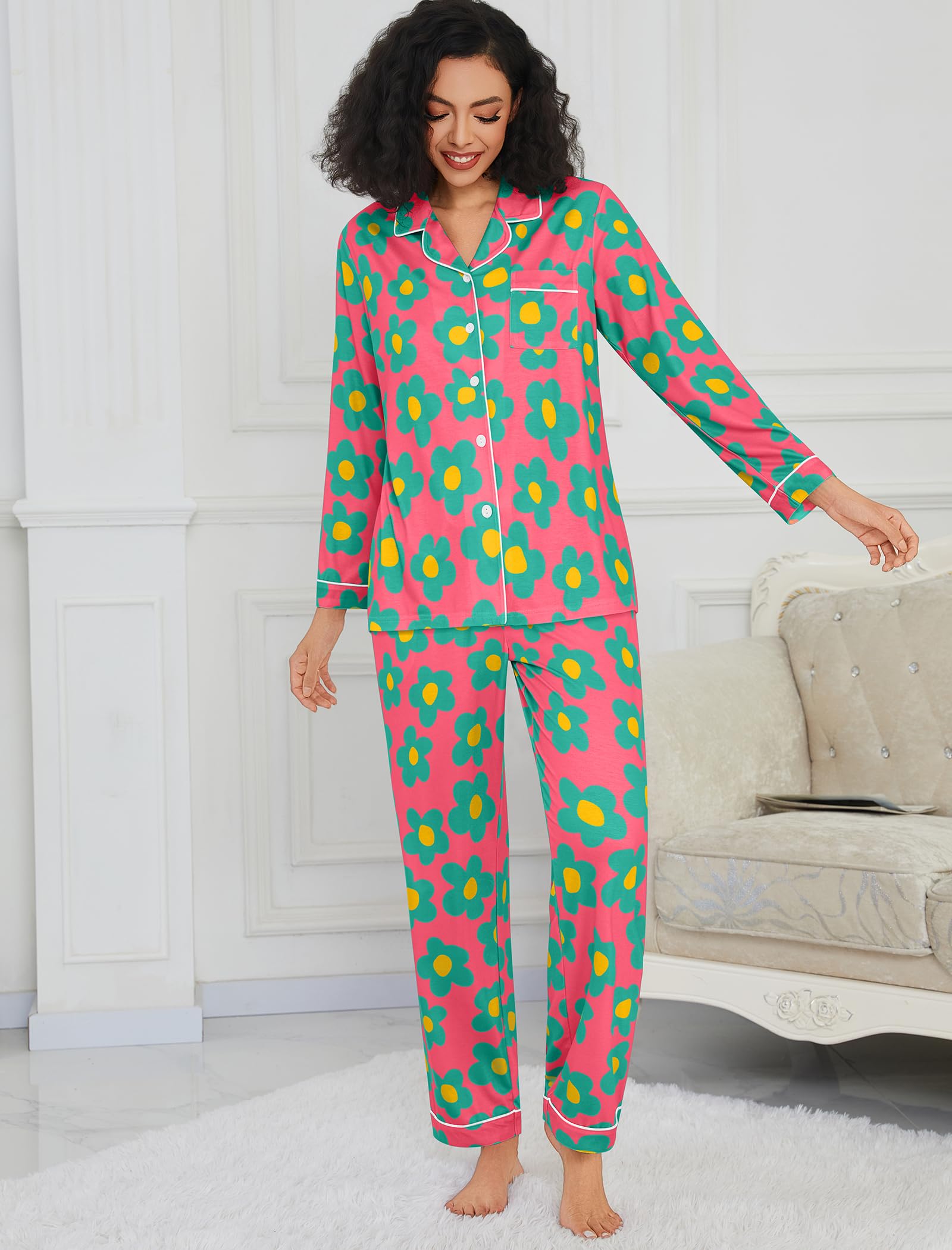 SWOMOG Pajamas Women's Long Sleeve Sleepwear Soft Button Down Loungewear Pjs Set Nightwear S-XXL Rose Blue Flower