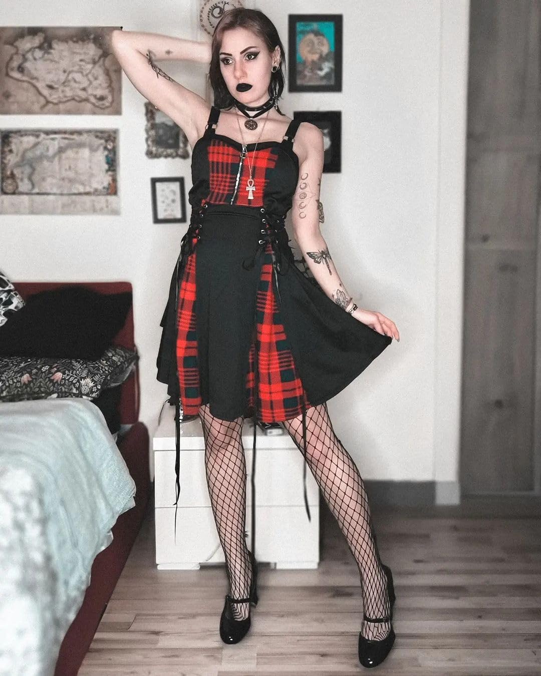 ROSE GAL Gothic Lace Up Plaid Half Zipper Fit and Flare Gothic Dress（Black-219/2X）