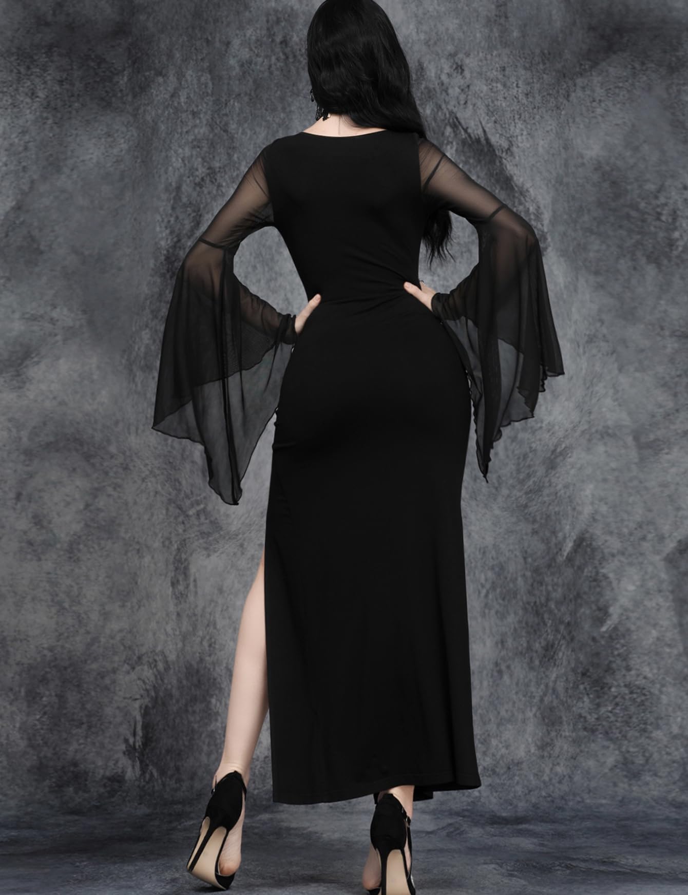 InGoticos Women Gothic Sexy Slit Flare Sleeve Patchwork Party Dress Black