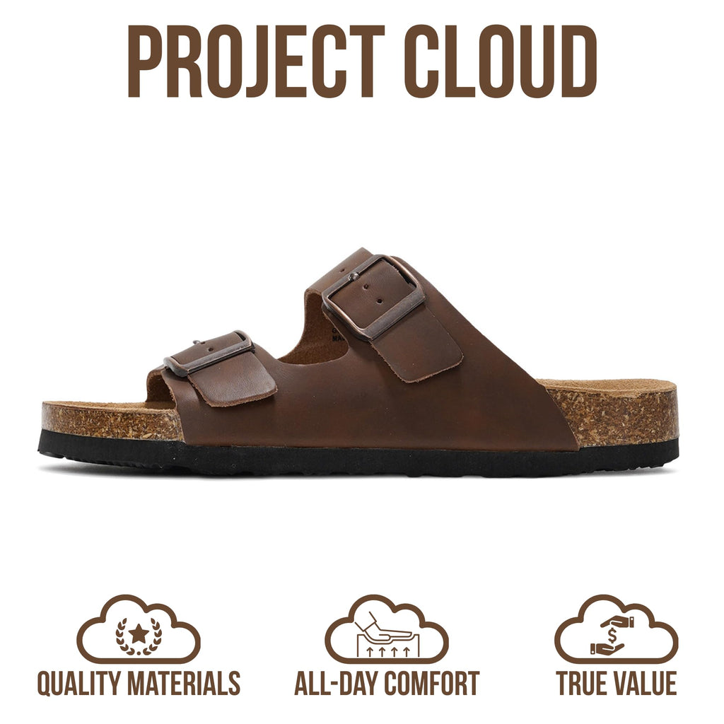 Project Cloud 100% Genuine Leather Flat Sandals For Women 2026 Cork Footbed Womens Sandals with Memory Foam and arch support Vacation Essentials Slides for Women Footwear (VenitaWD,TANDIS,8.5)