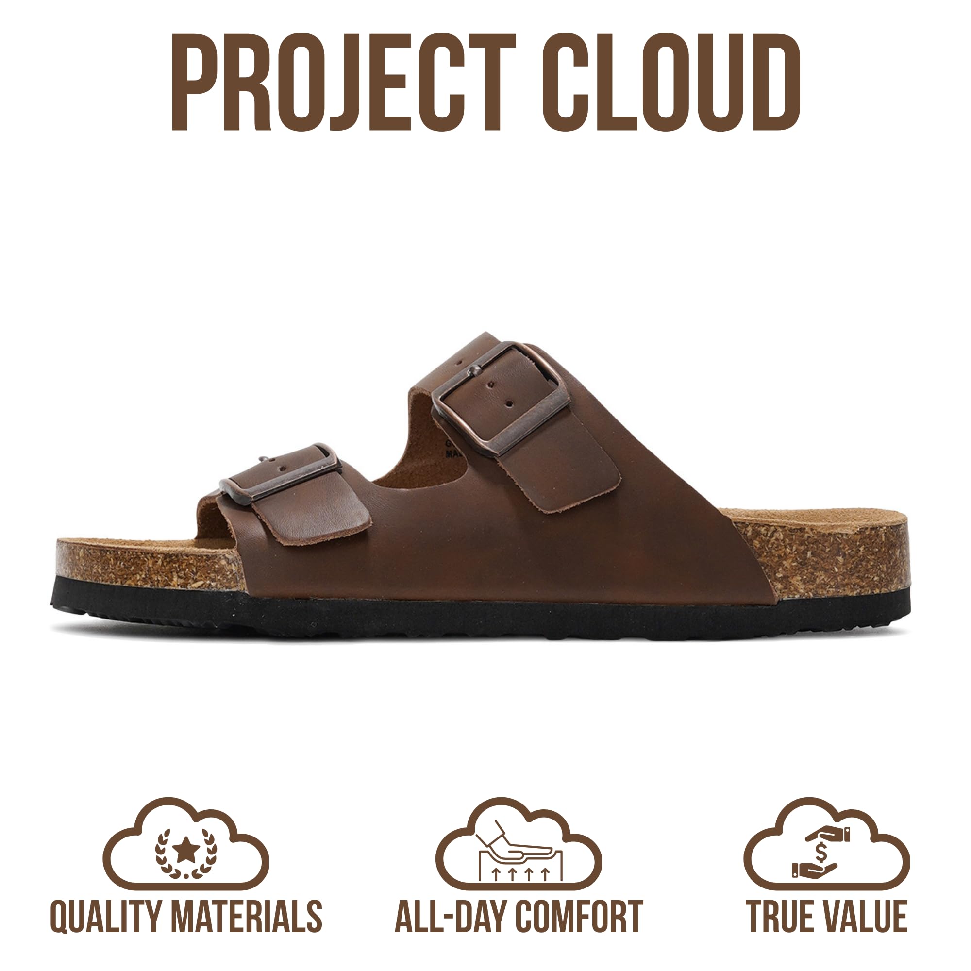 Project Cloud 100% Genuine Leather Flat Sandals For Women 2026 Cork Footbed Womens Sandals with Memory Foam and arch support Vacation Essentials Slides for Women Footwear (VenitaWD,TANDIS,8.5)