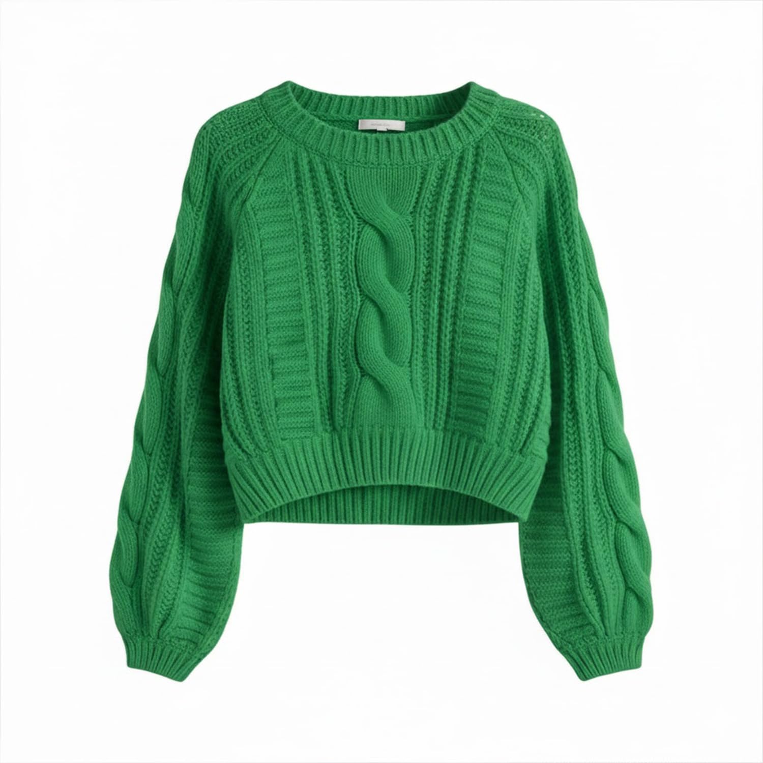 Grewear Women's Cropped Cable Knit Sweater, Soft Long Sleeve Crewneck Pullover, Casual Cozy Knit Top for Fall Winter Outfits, Gift for Women Forest Green-XS