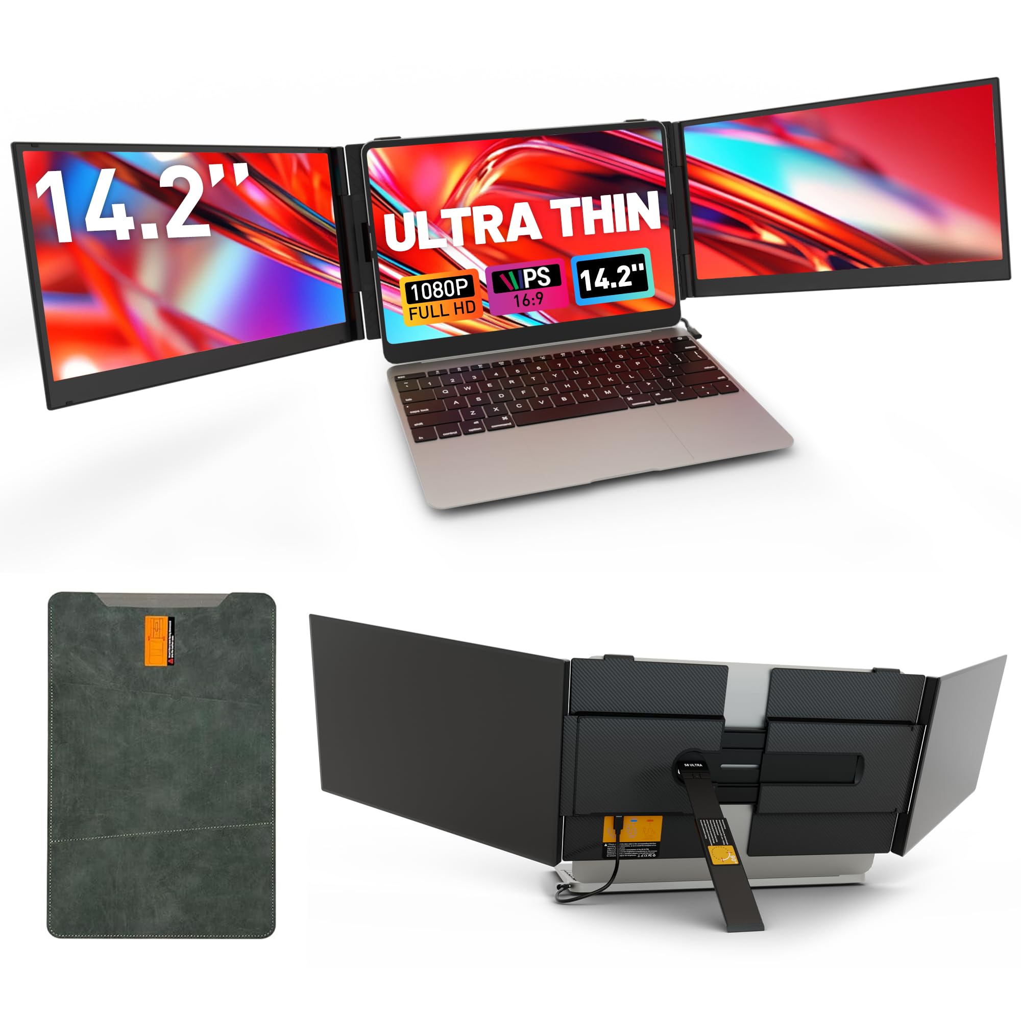 One Cable Connection Laptop Screen Extender Monitor Portable, Ultra Thin 14.2" 1080P FHD Lightweight Triple Screen,Fit for 13-17" Laptop, Plug & Play Compatiable with Win/Mac/Chrome/Android/Switch