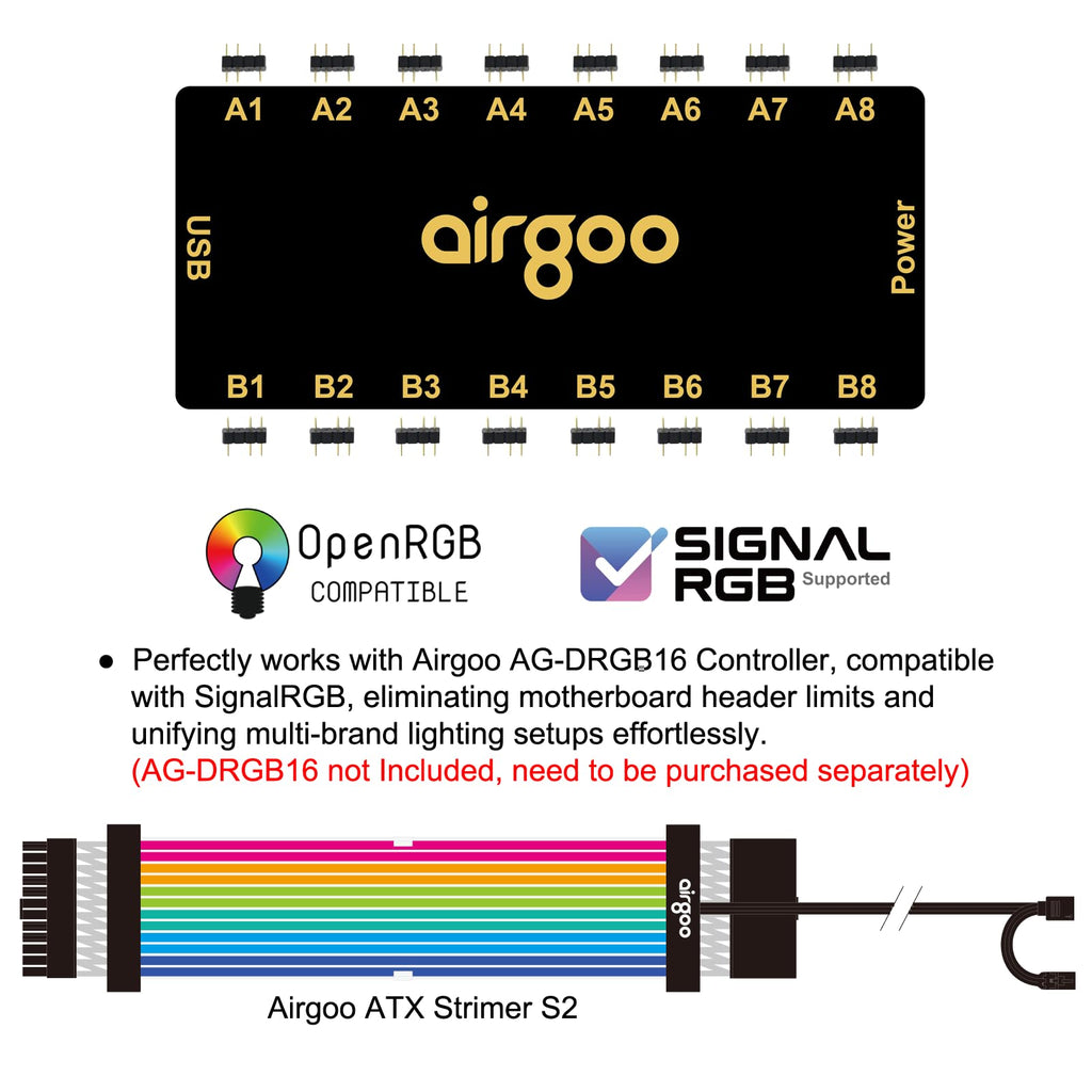 airgoo Addressable RGB ATX Strimer S2, ARGB PSU Extension Cable, Include ATX 24-pin 18AWG Wires, for AG-DRGB16 SignalRGB Controller (Not Included)