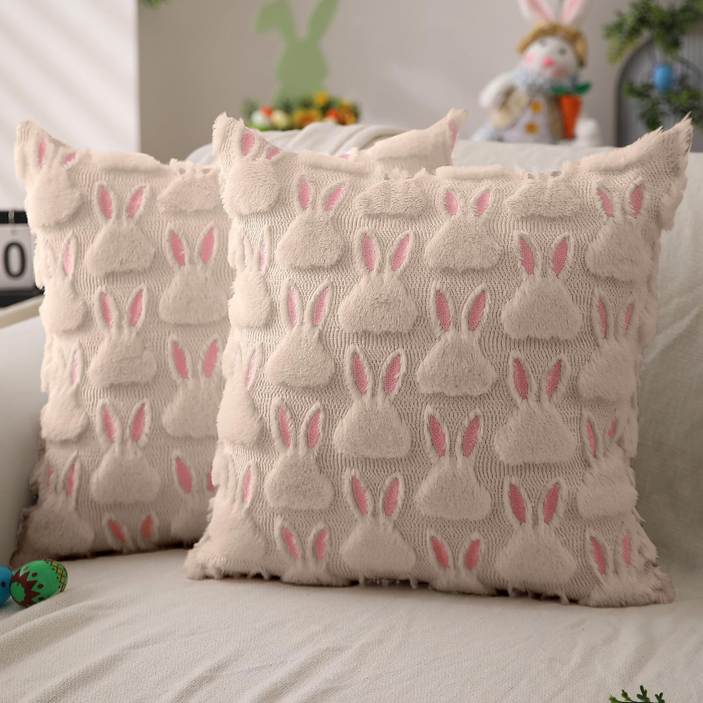 DFXSZ Easter Pillow Covers 16x16 inch Set of 2 Easter Decorations Pink Ears Beige Rabbit Soft Plush Faux Fur Jacquard Throw Pillows for Bedroom Sofa Holiday Festivals Home Decor FHJ-17C16