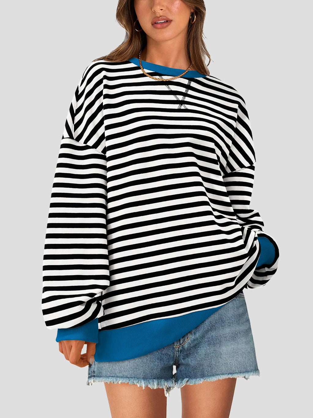 PRETTYGARDEN Women Striped Oversized Sweatshirt Color Block Crew Neck Long Sleeve Casual Pullover Top Spring Y2K Clothes (Black White, Small)