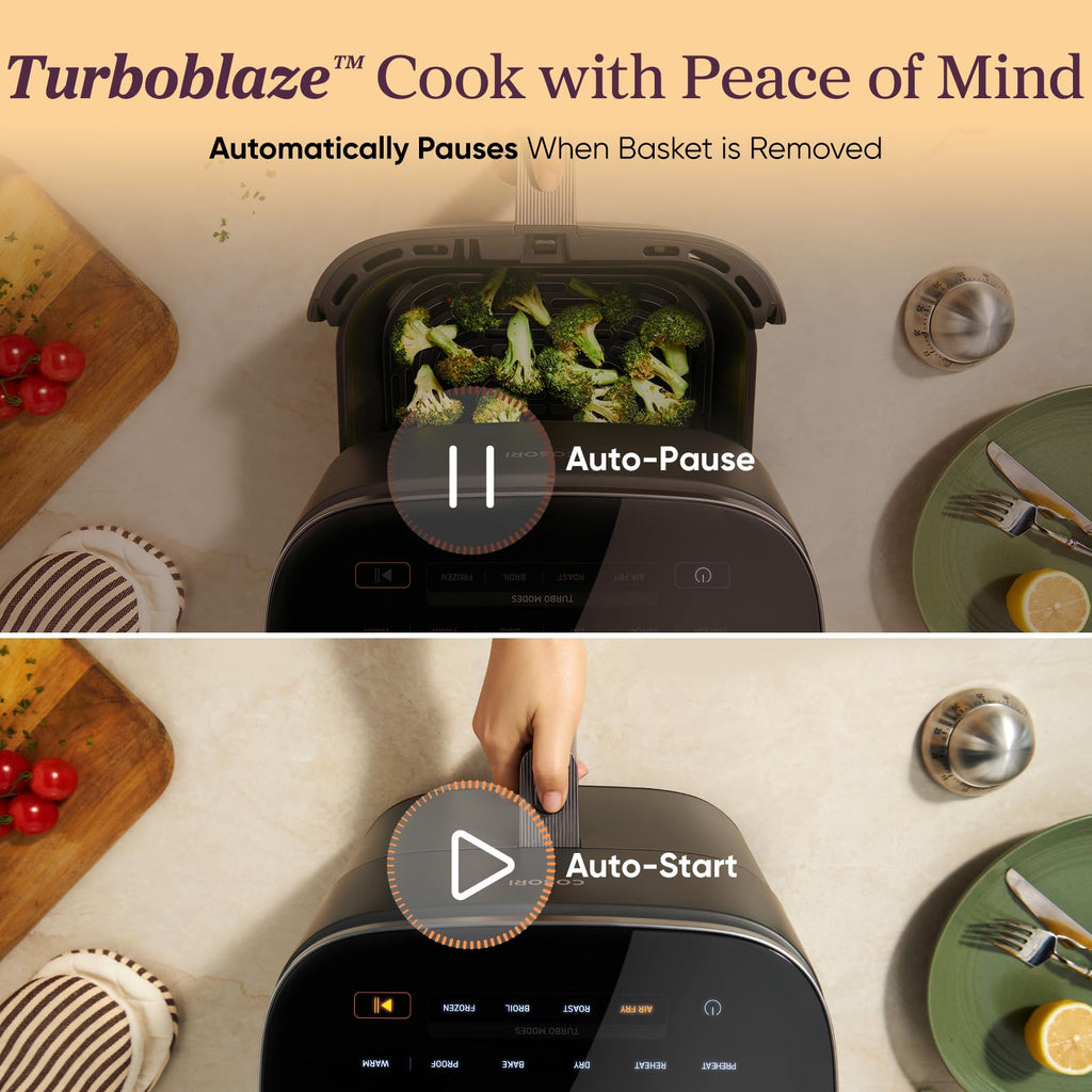 Cosori 9-in-1 TurboBlaze Air Fryer 6 Qt, Premium Ceramic Coating, 90°–450°F, Precise Heating for Even Results, Air Fry, Roast, Bake, Broil, Dry, Frozen, Proof, Reheat, Keep Warm, 120V, Dark Gray