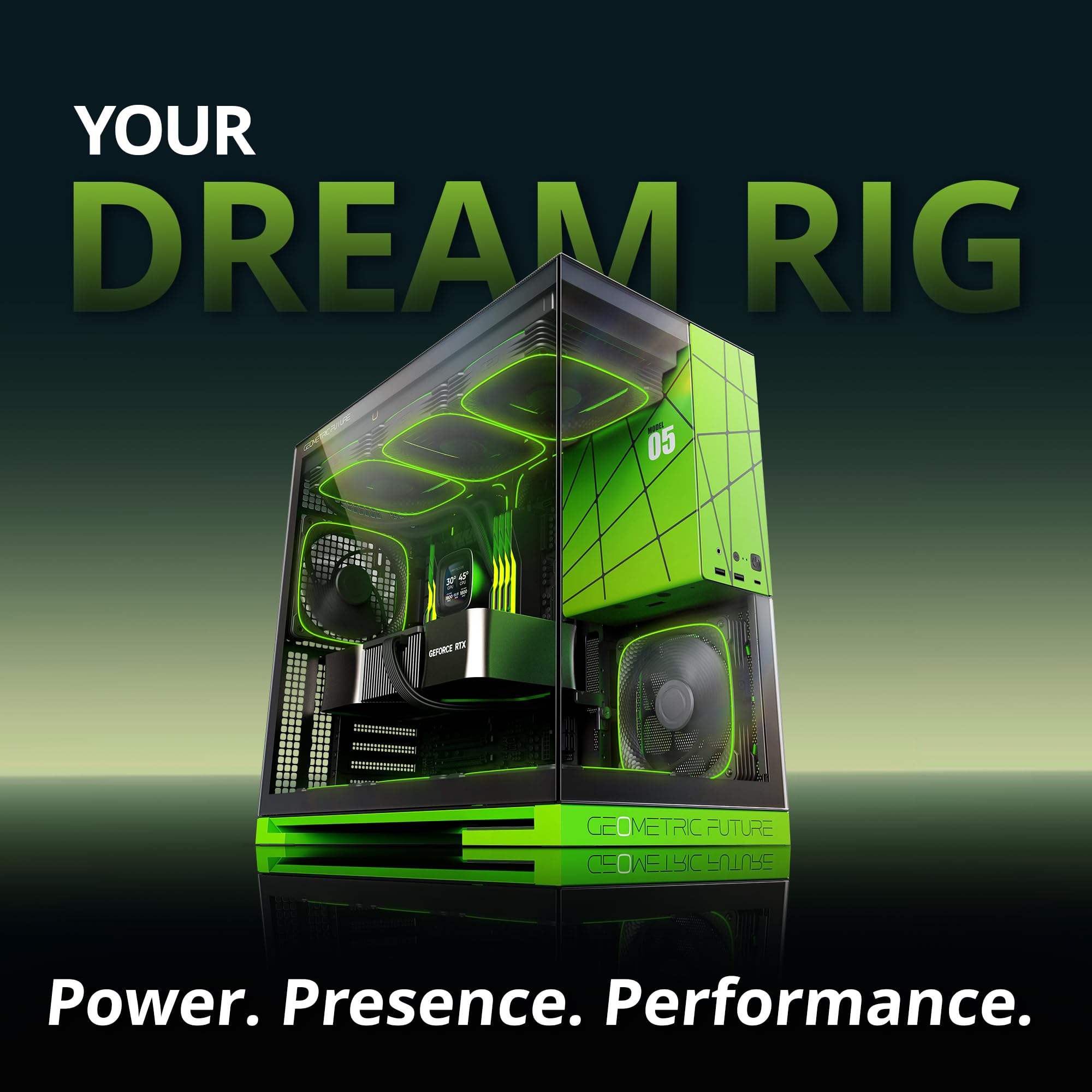 Geometric Future M5 Tempered Glass Mid Tower, E-ATX/ATX Gaming Case, 1.2mm Steel, Type C, Toolless Panels, Support 420/360 Radiator, ARGB PWM 140m Fan x 5 Pre-Installed, Black/Green, GEO-M5F-BNY