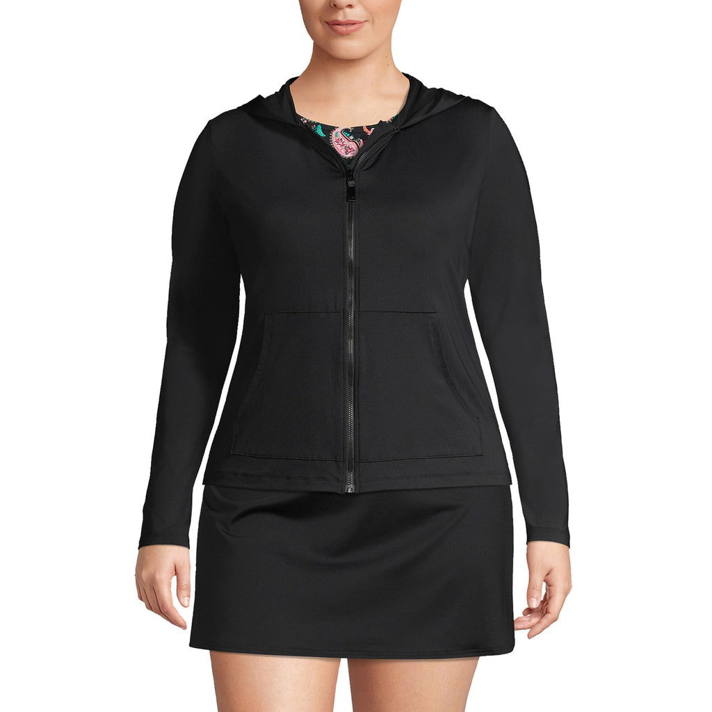 Lands' End Women's Sunshade UPF 50 Hooded Zip Front Rash Guard Black Petite X-Small