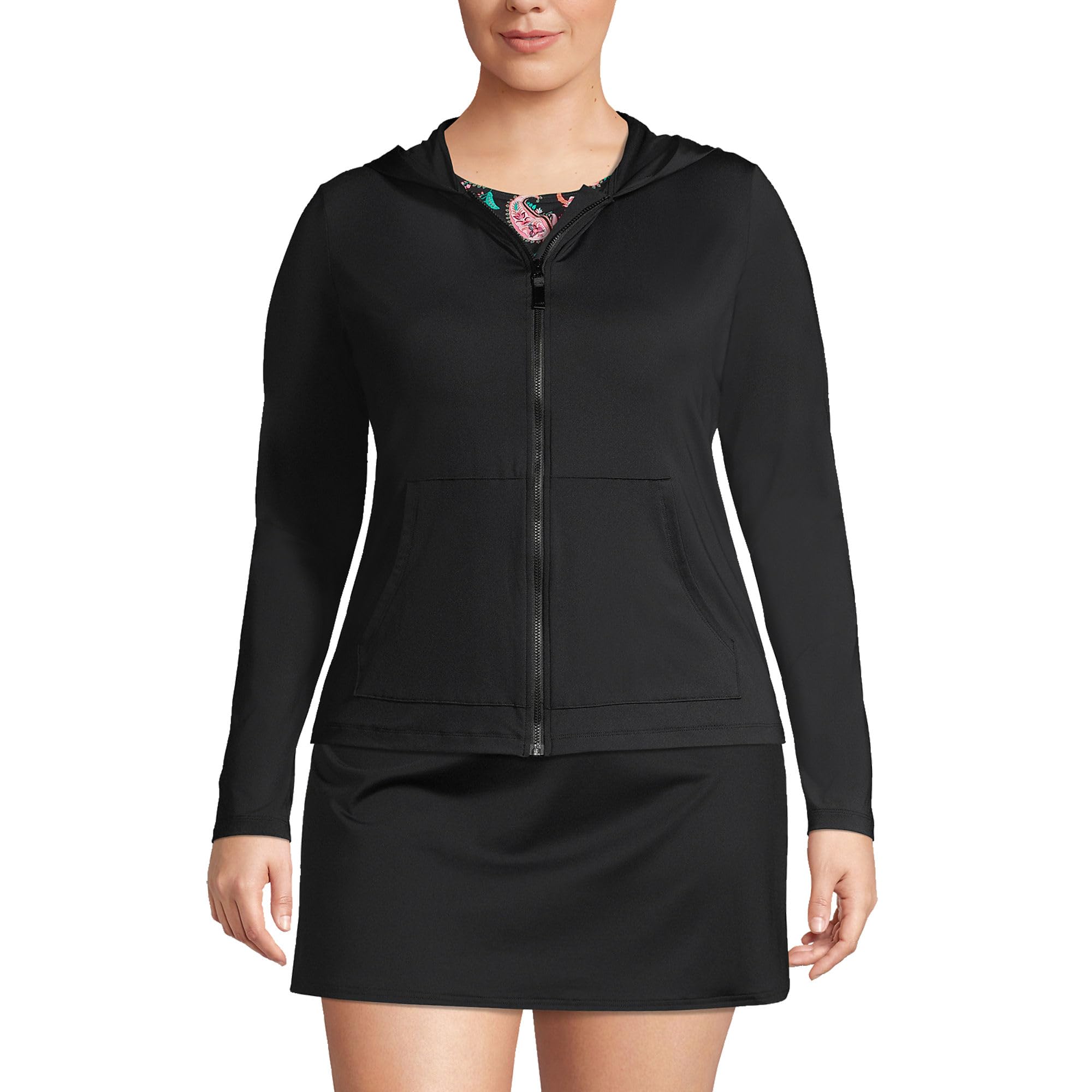 Lands' End Women's Sunshade UPF 50 Hooded Zip Front Rash Guard Black Petite X-Small