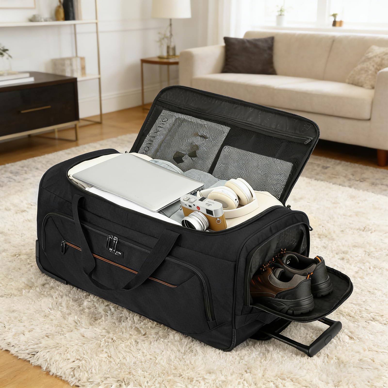 TONRUYN Large Rolling Duffle Bag with Wheels and Handle 85L 29 inch Travel Duffel Bag for Men Women with Shoe Compartment & Wet Pocket, 2 Wheeled Checked Luggage for Business Travel Long Trips, Black