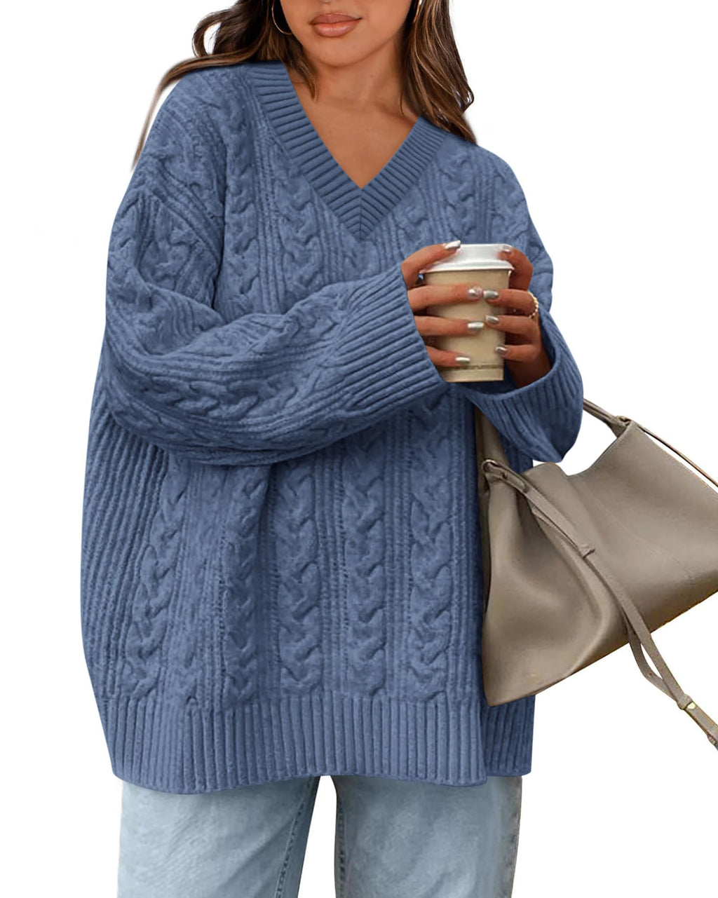 Okiwam Women's Oversized Sweaters Long Sleeve V Neck Cable Knit Pullover Tops Fall Outfits Spring Fashion Clothes 2026-L Blue