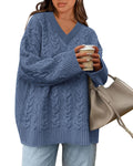 Okiwam Women's Oversized Sweaters Long Sleeve V Neck Cable Knit Pullover Tops Fall Outfits Spring Fashion Clothes 2026-L Blue