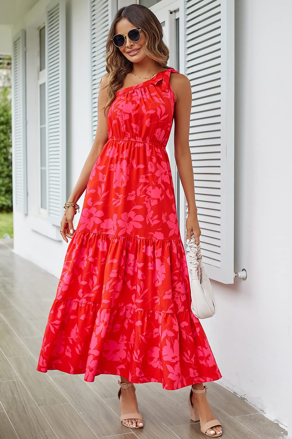 PRETTYGARDEN Women's Summer Floral Maxi Dress Knot One Shoulder Sleeveless Ruffle Flowy Boho Beach Wedding Guest Dresses (Red Floral,Medium)
