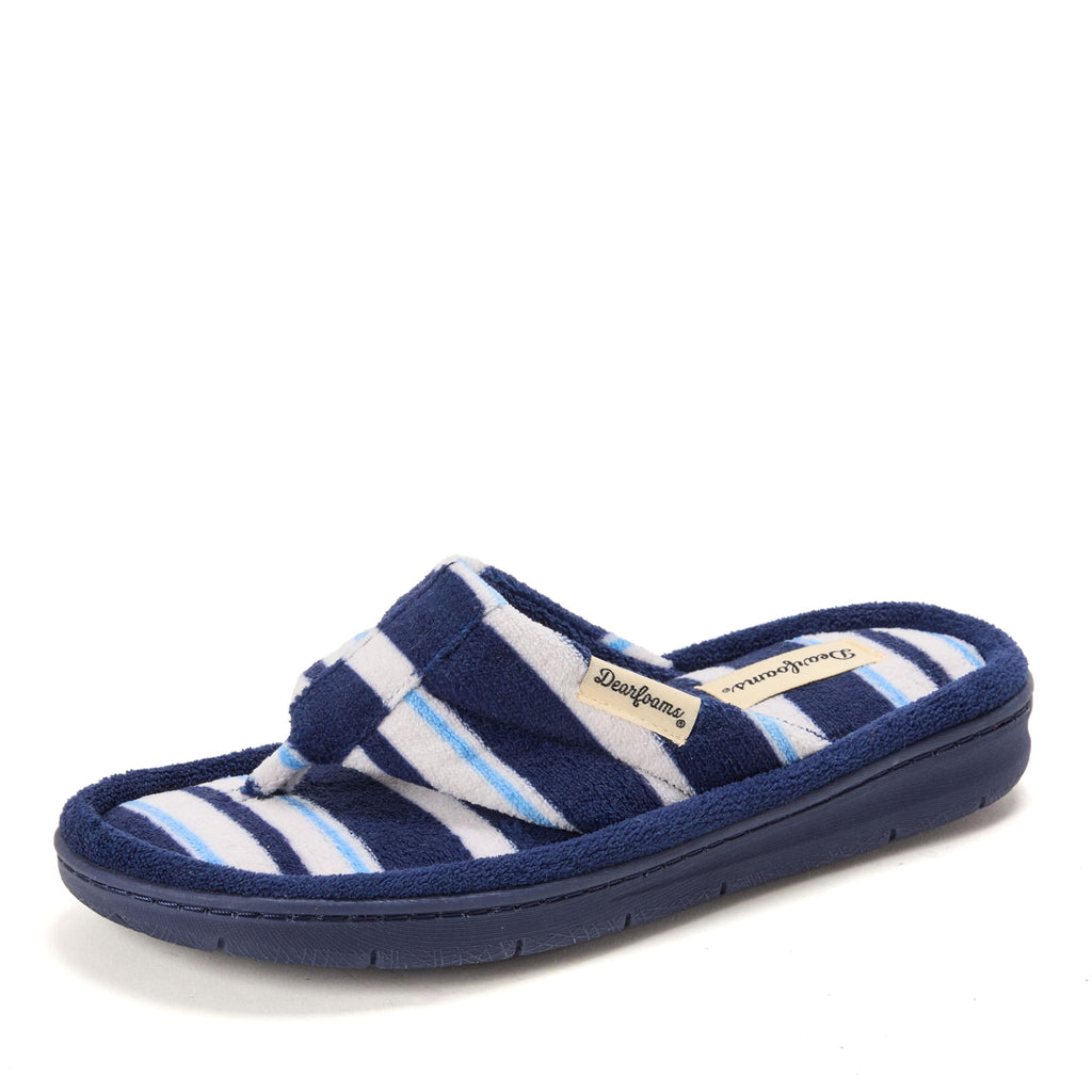 Dearfoams Women's Wrenley Terry Thong, Blue Stripe, XL
