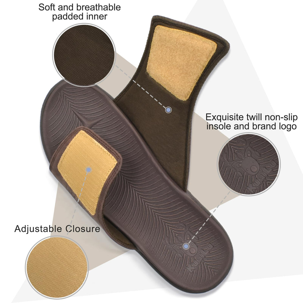 KuaiLu Mens Slides Soft Cushion Sport Sandals with Plantar Fasciitis Arch Support Adjustable Open Toe Summer Slippers Slip on Indoor Outdoor Sandalias Para Hombres, Dark Brown Size 8