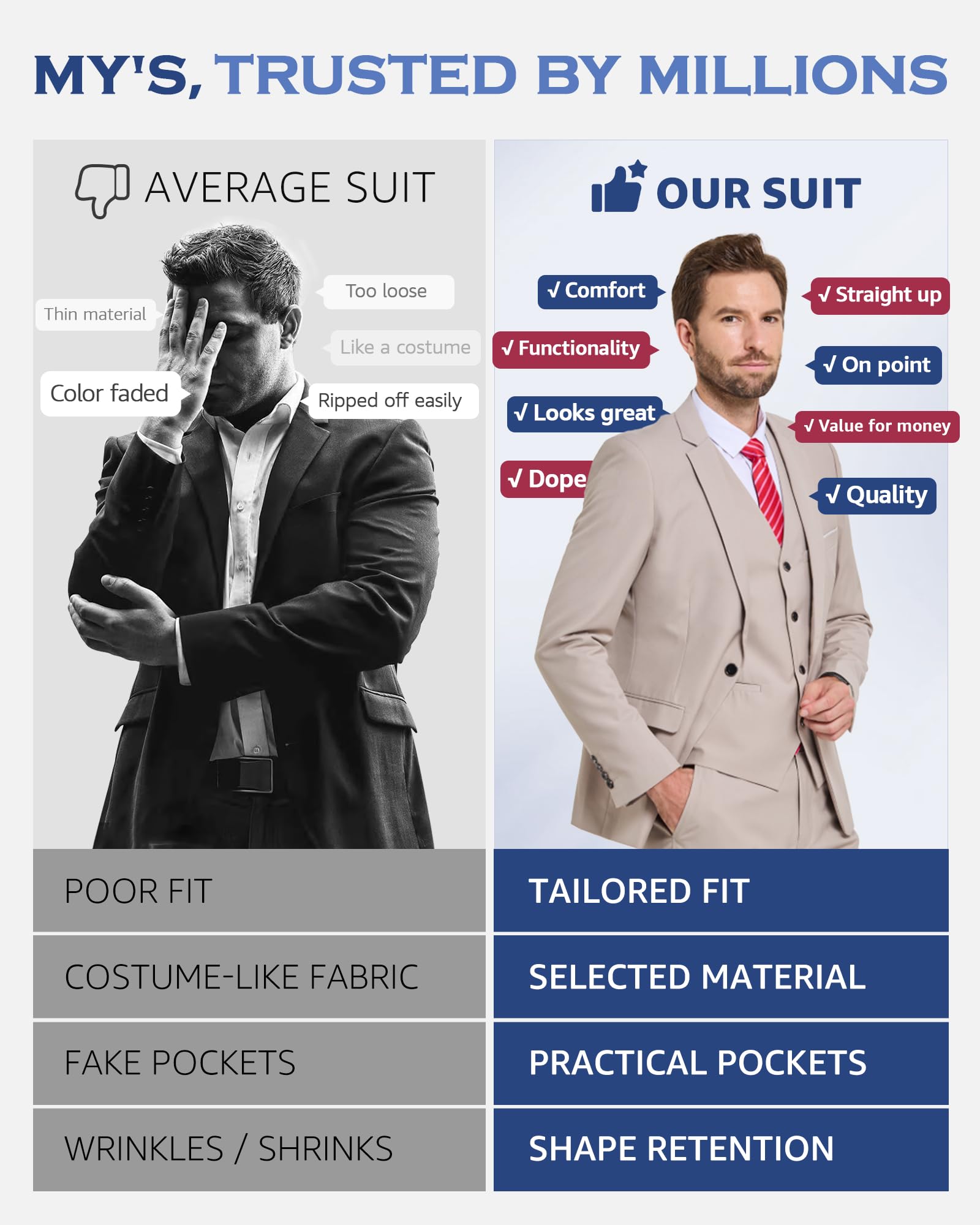 MY'S Men's 3 Piece Slim Fit Suit Set, One Button Solid Jacket Vest Pants with Tie Black