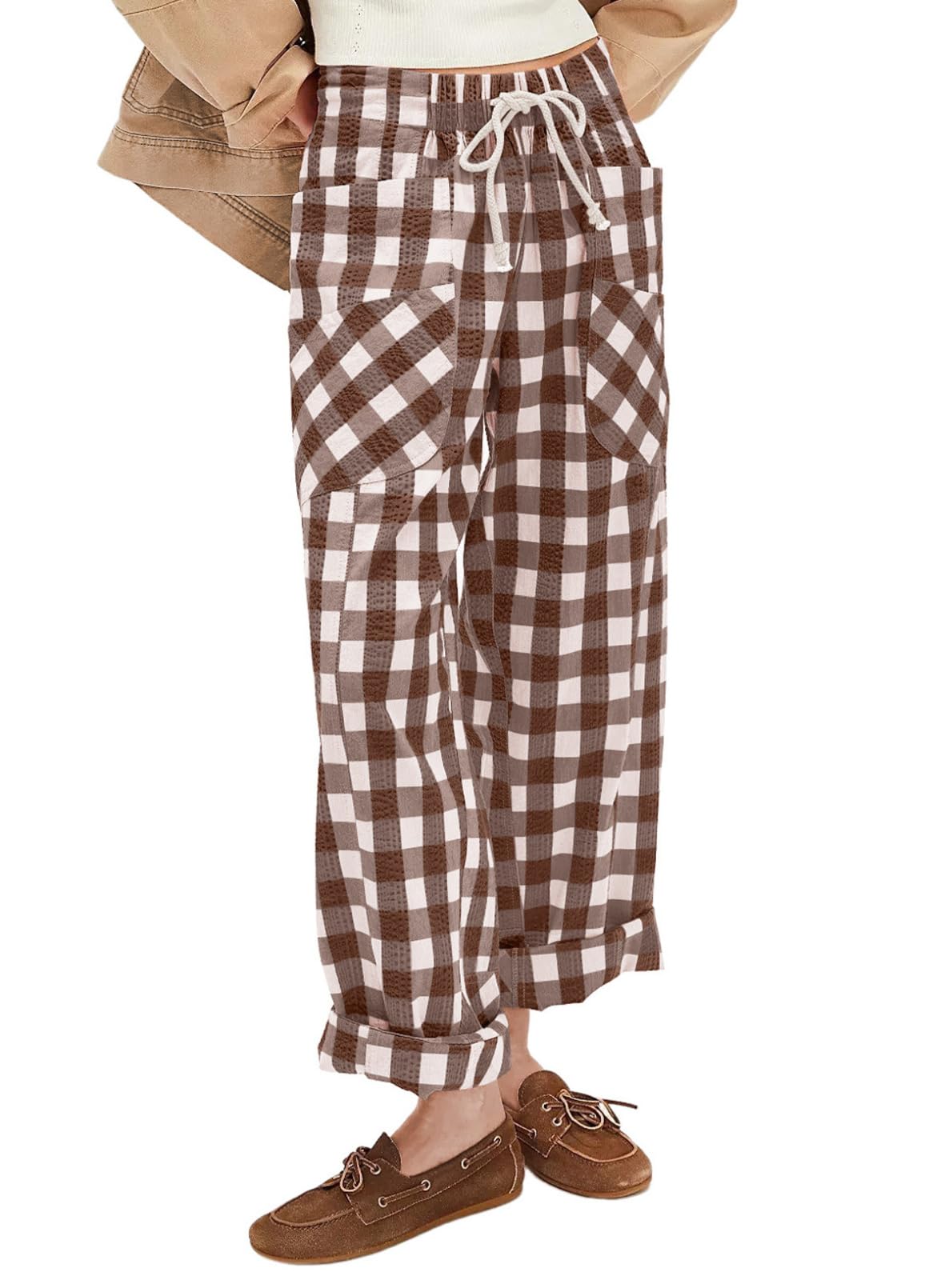 Acelitt Womens Casual Checkered Pants Fall Fashion 2026 Loose Drawstring Elastic Waist Ankle Pants Trousers with Pockets Brown Large