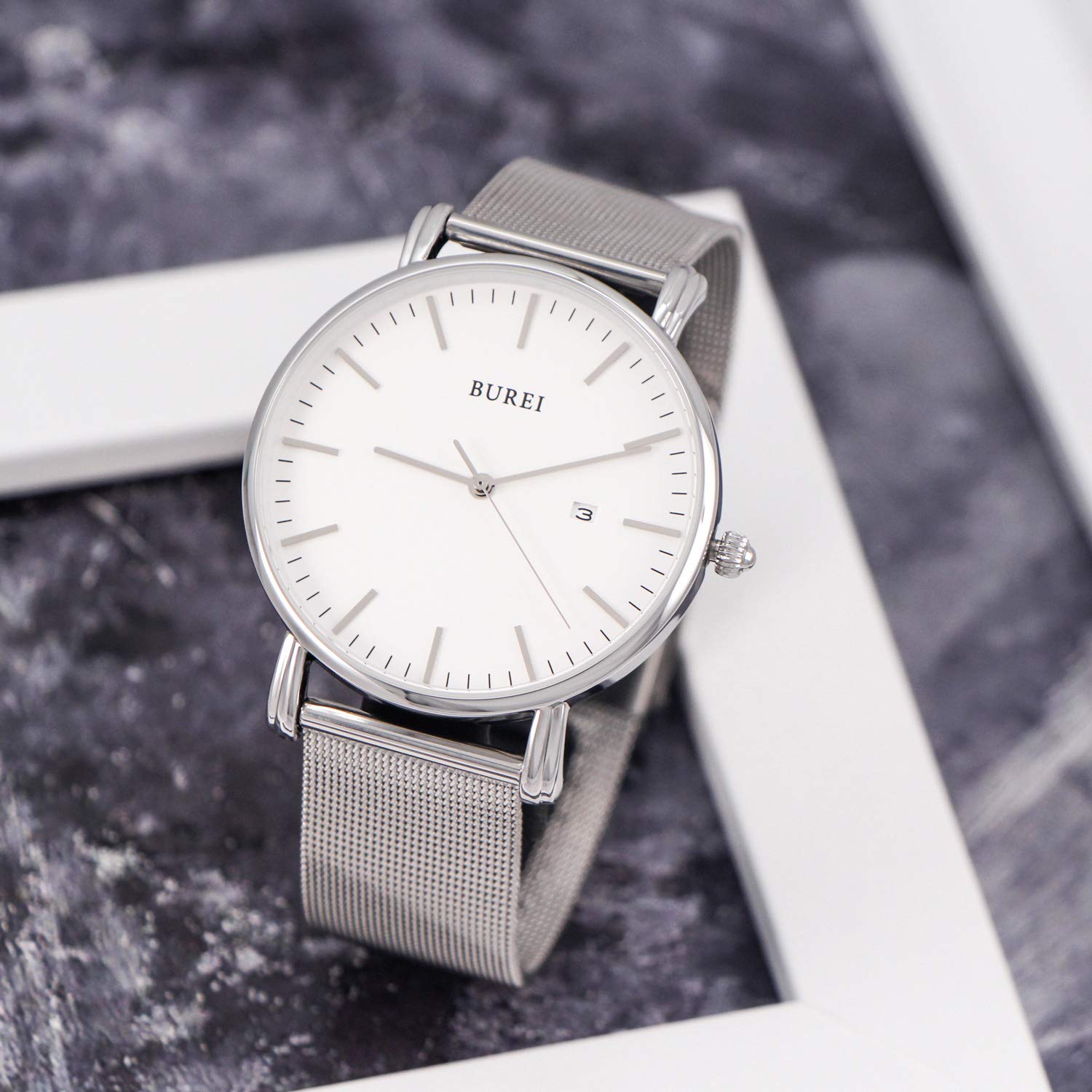 BUREI Men Watches Fashion Minimalist Waterproof Watches for Men Women Student,Silver.