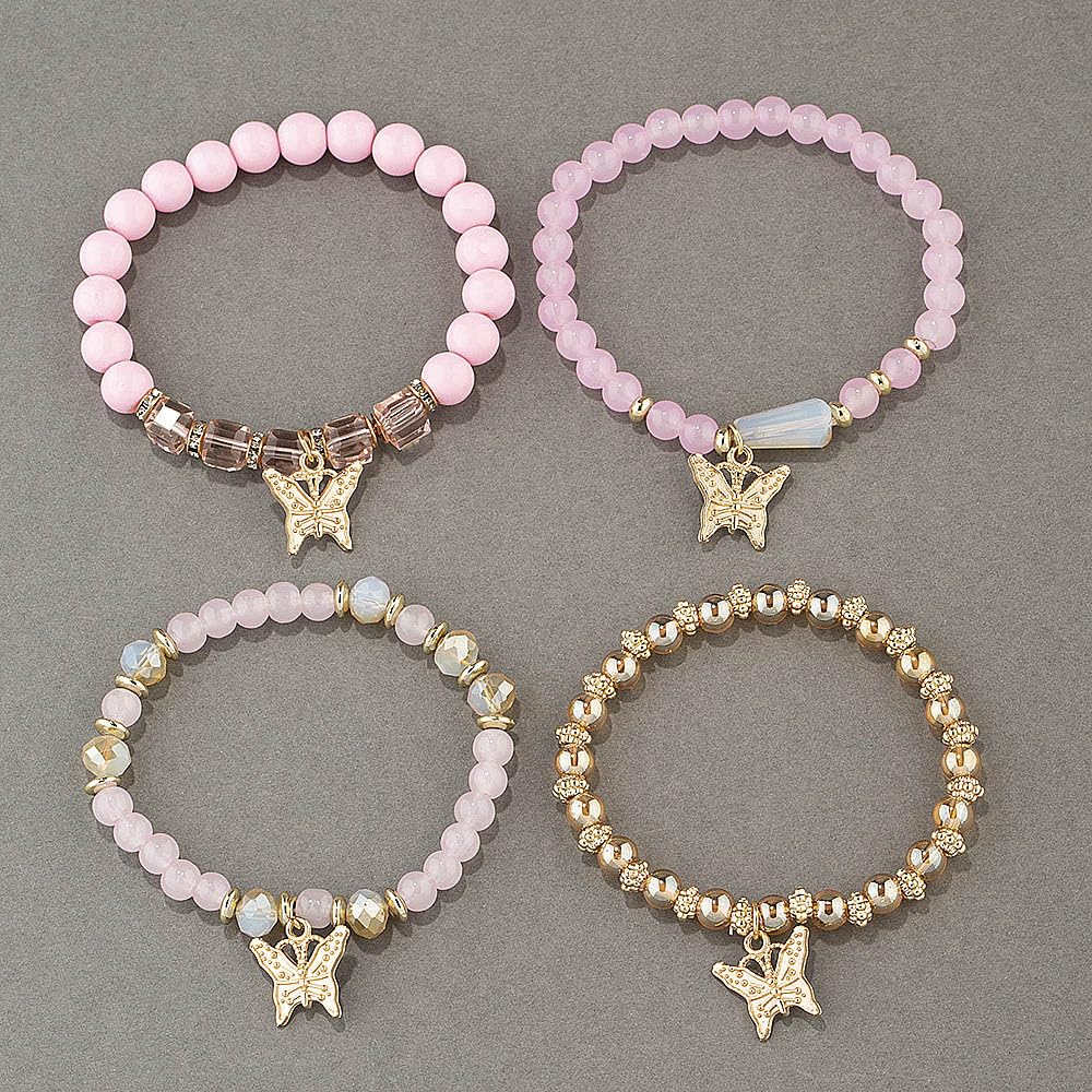 Azusa Sun 4 Pcs Cute Butterfly Charm Pink Bracelets Set Gold Beaded Stackable Stretch Bracelets Bohemian Summer Jewelry Gifts for Women