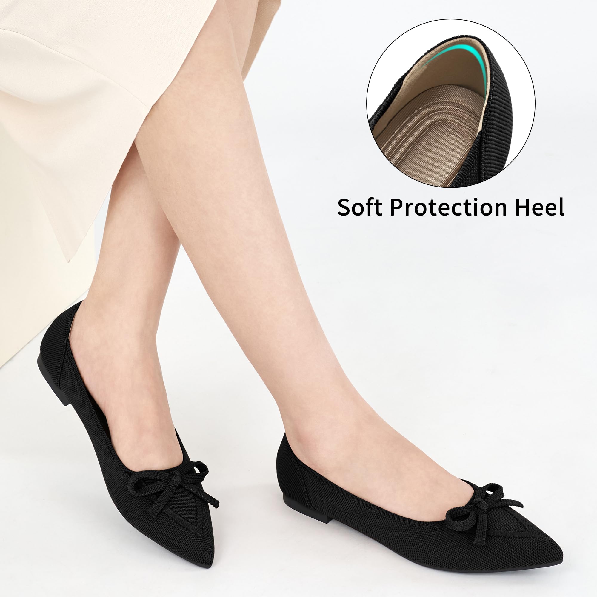 Ablanczoom Ballet Flats Shoes for Women: Dressy Pointed Toe Bow Knit Flats Comfortable Slip On Work Business Casual Shoes Black